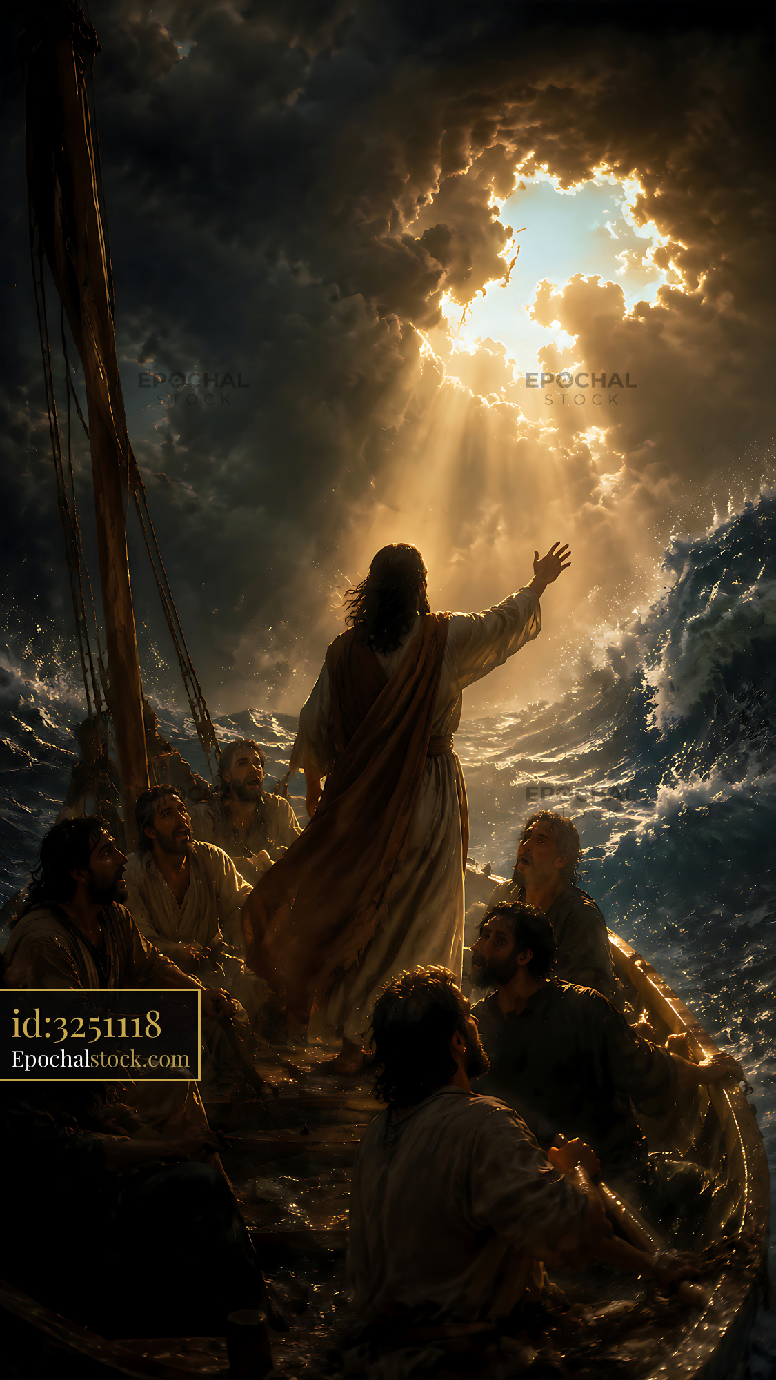 Watermarked full-resolution preview of Jesus calms the storm on a fishing boat at sea