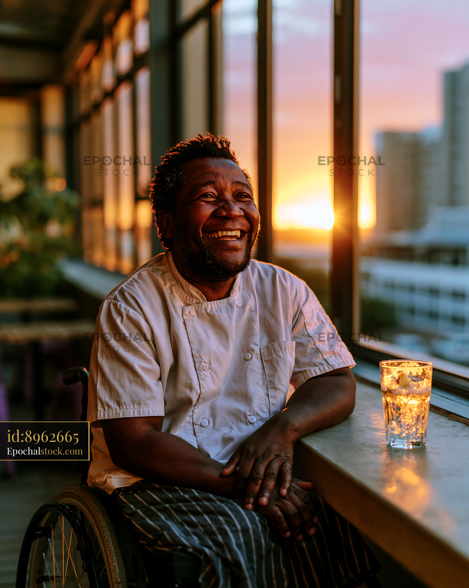 Watermarked full-resolution preview of Chef enjoys sunset while sitting in a restaurant by the window