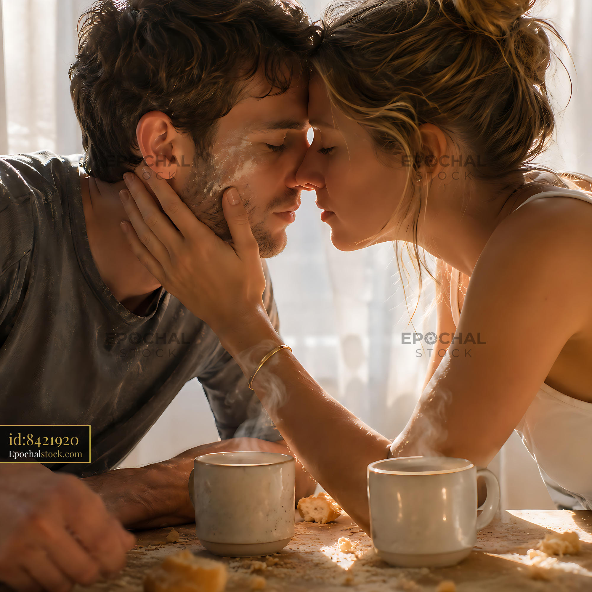 Watermarked full-resolution preview of Couple sharing a moment over coffee in a cozy kitchen
