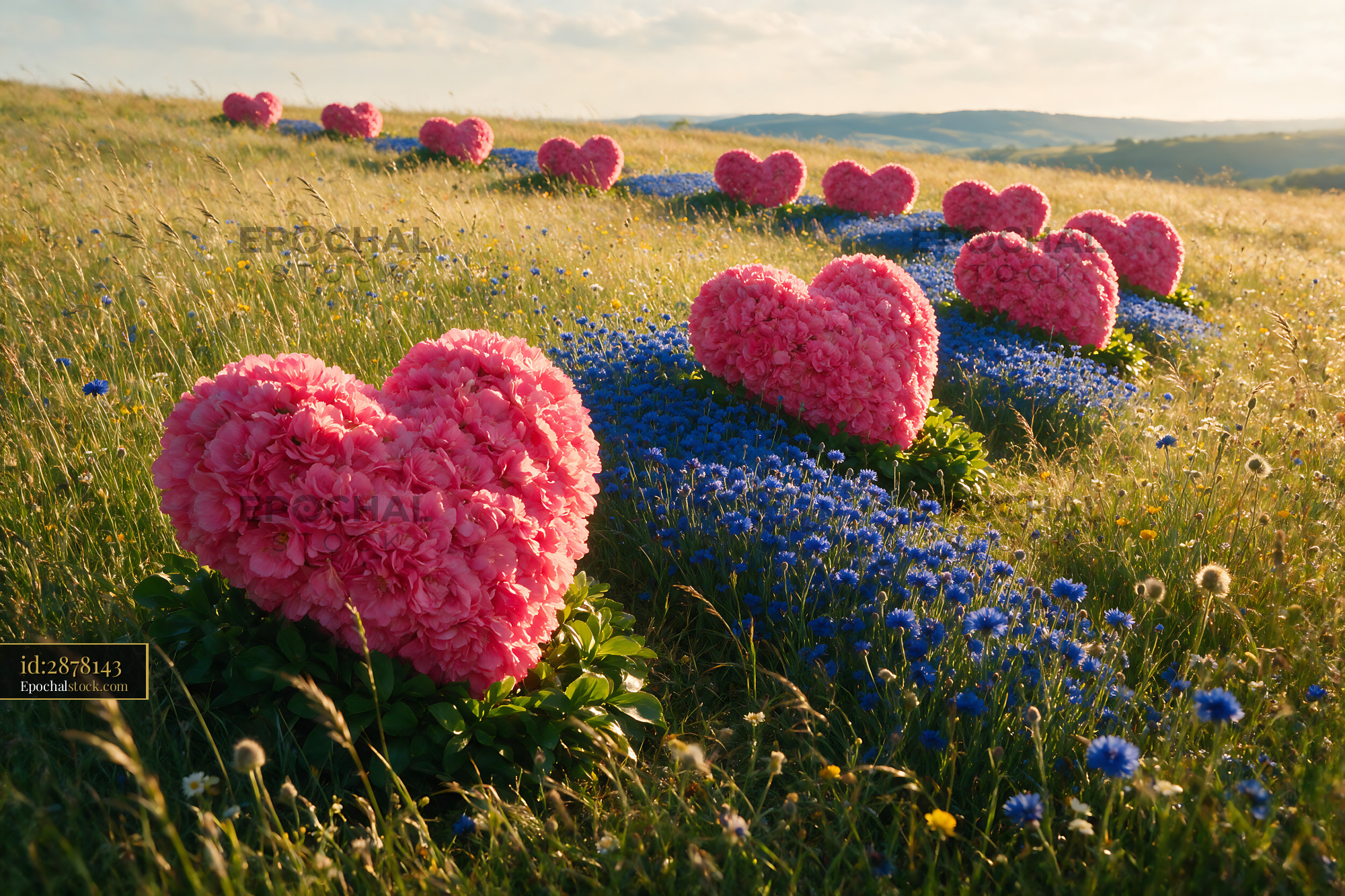 Heart-shaped Flowers in a Lush Meadow During Golden Hour - stock photo