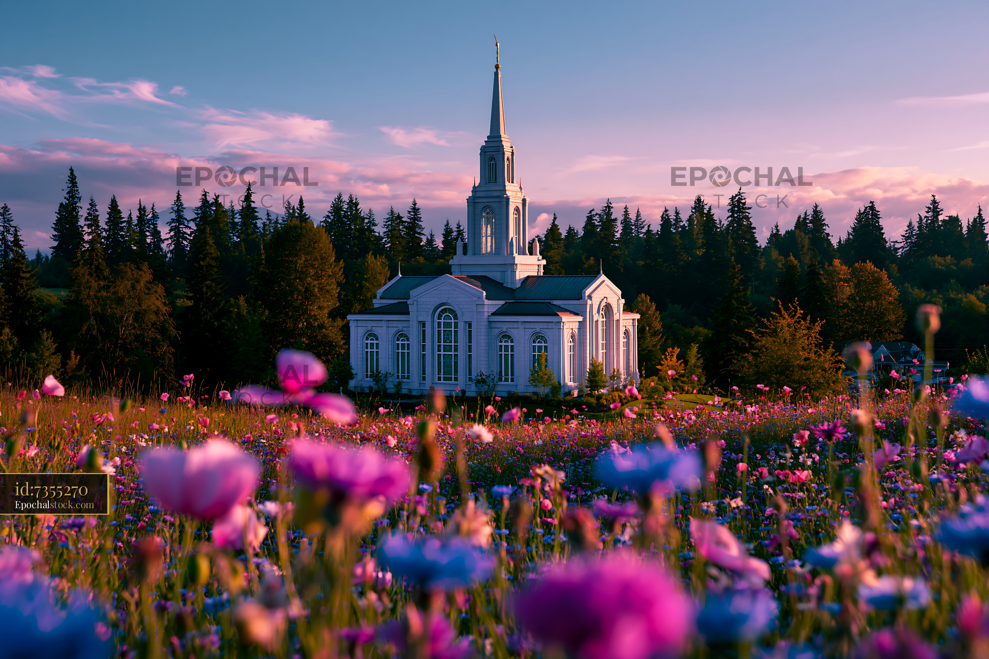 Watermarked full-resolution preview of Church surrounded by flowers near forest during sunset