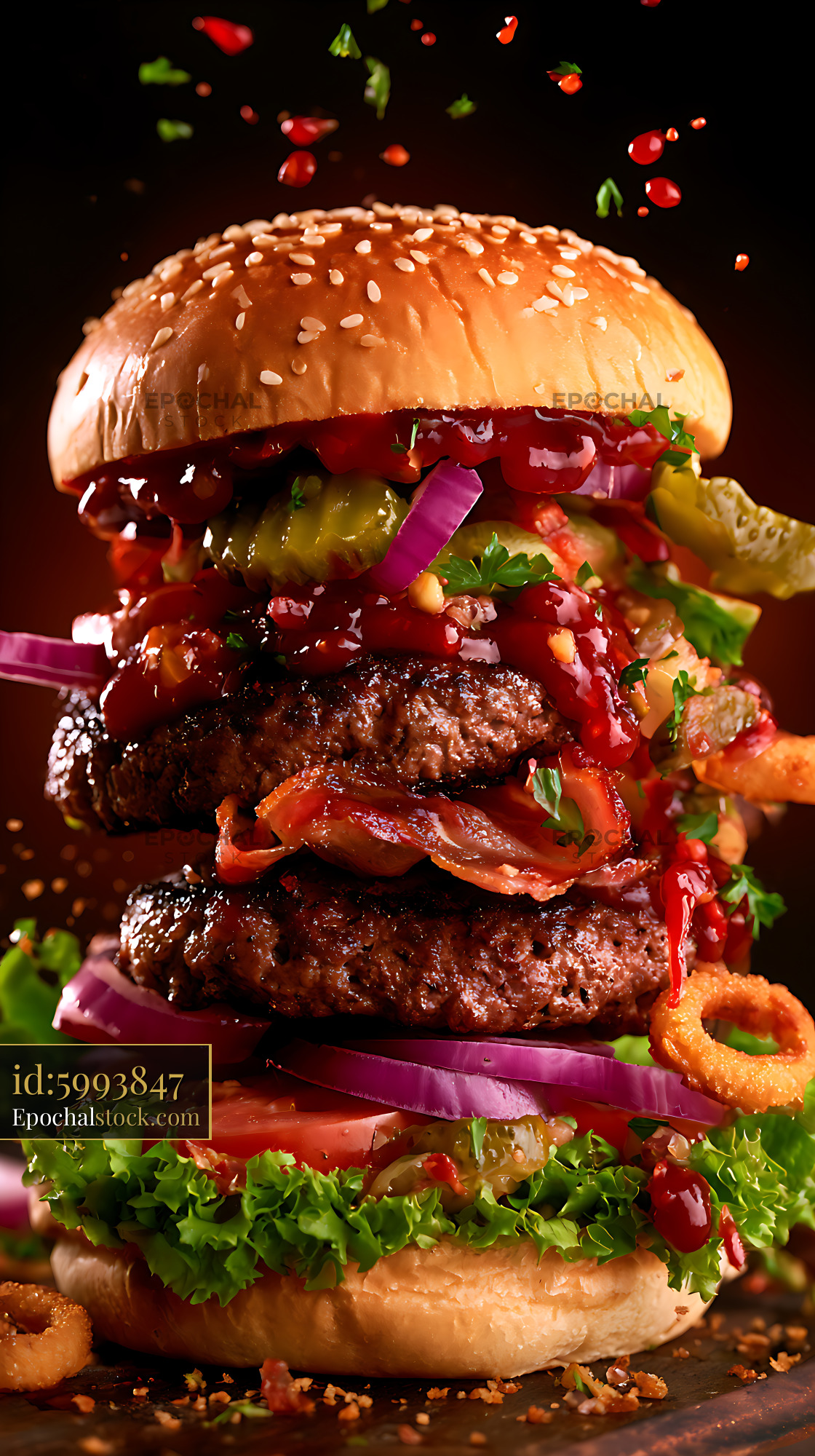 Watermarked full-resolution preview of Loaded double cheeseburger with colorful fresh toppings