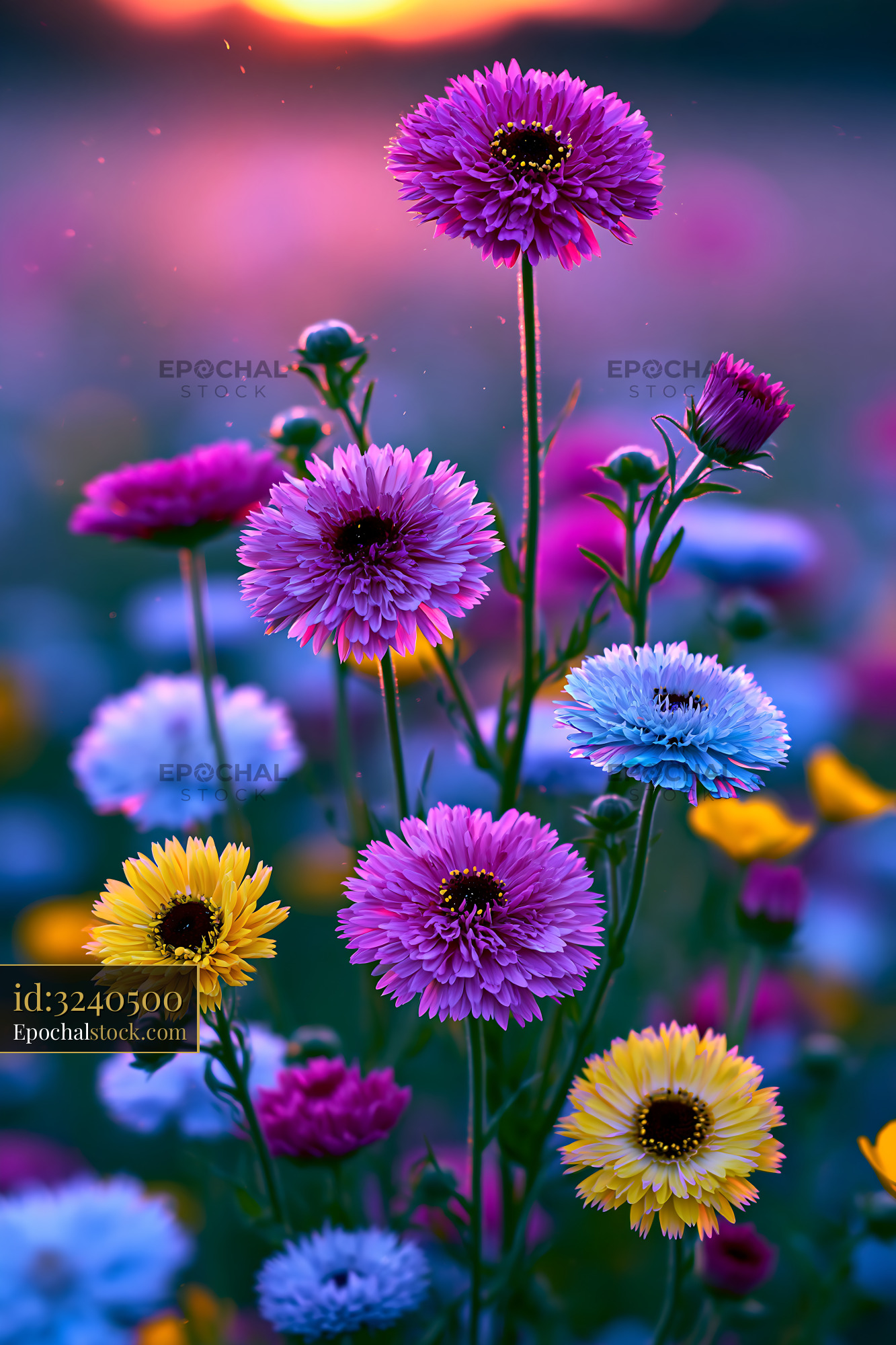 Watermarked full-resolution preview of Colorful flowers blooming during sunset in a garden