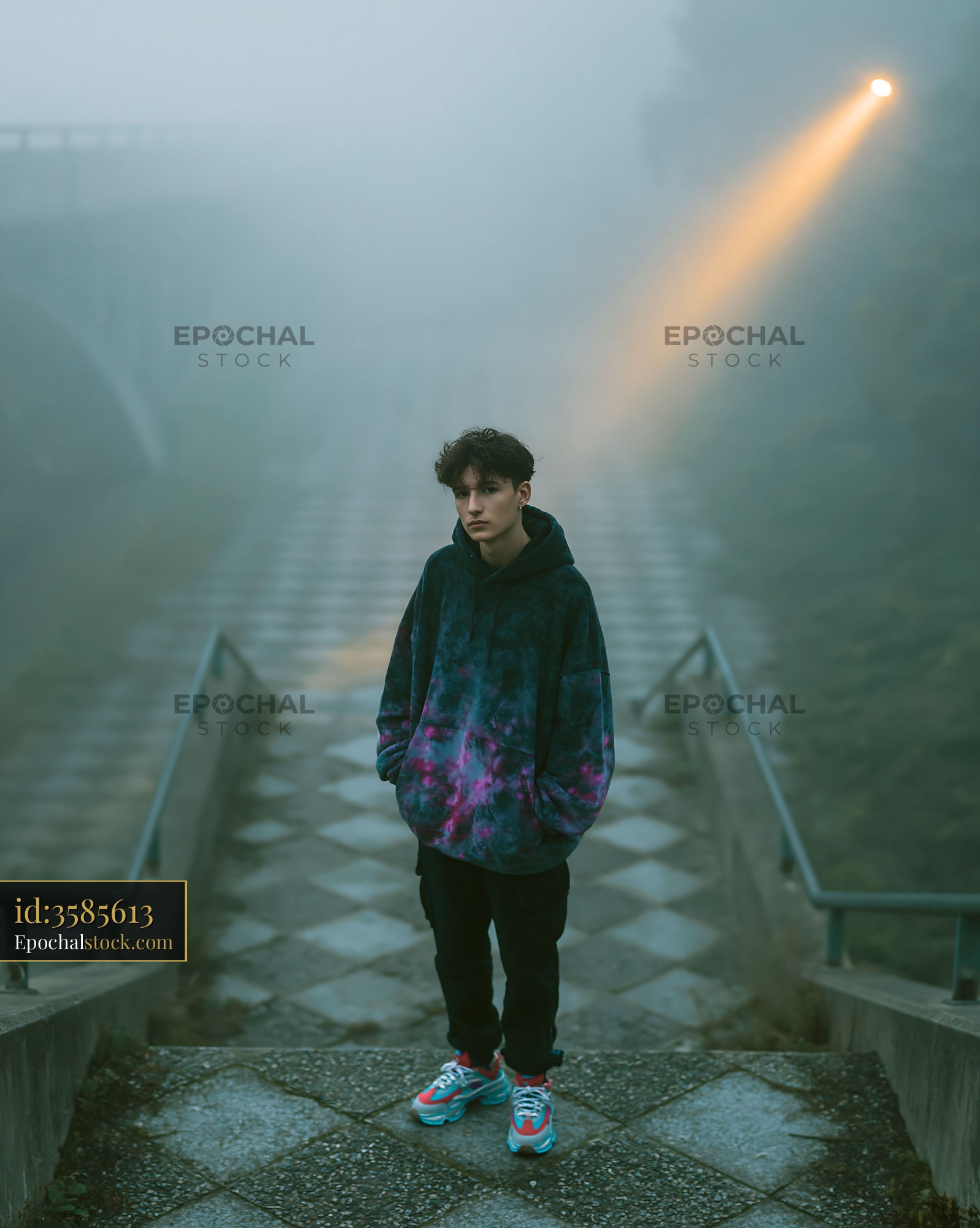 Watermarked full-resolution preview of Young person standing on stairs in foggy area
