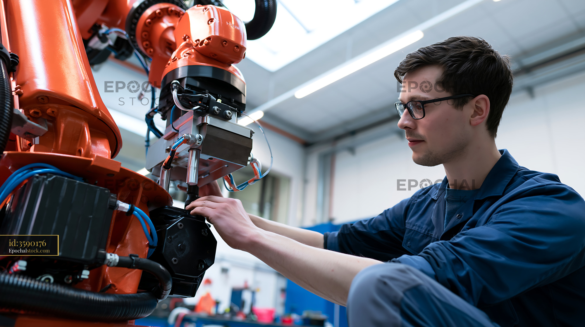 Watermarked full-resolution preview of Technician working on a robotic arm in an industrial setting