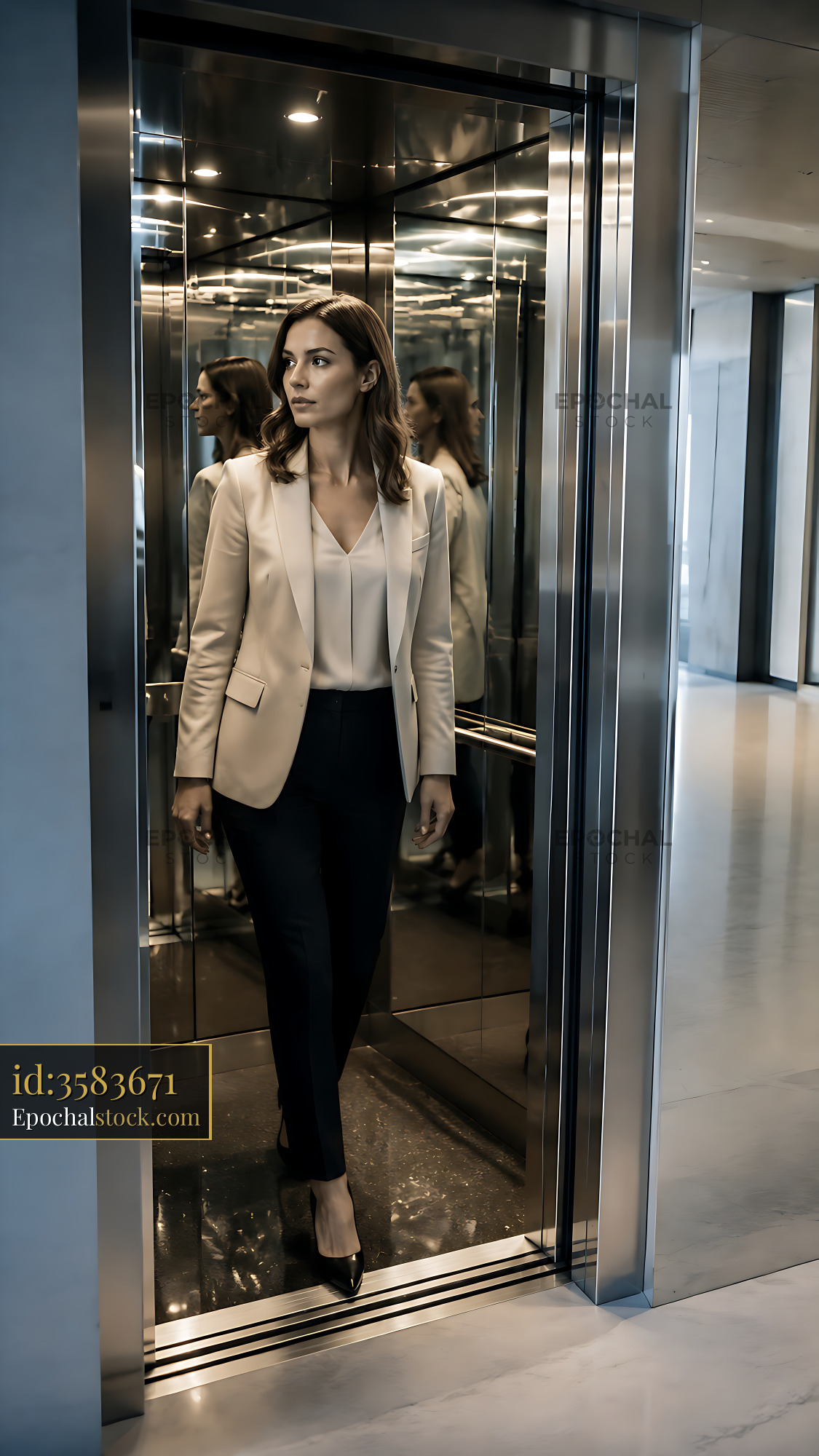 Watermarked full-resolution preview of Businesswoman exiting elevator in modern building