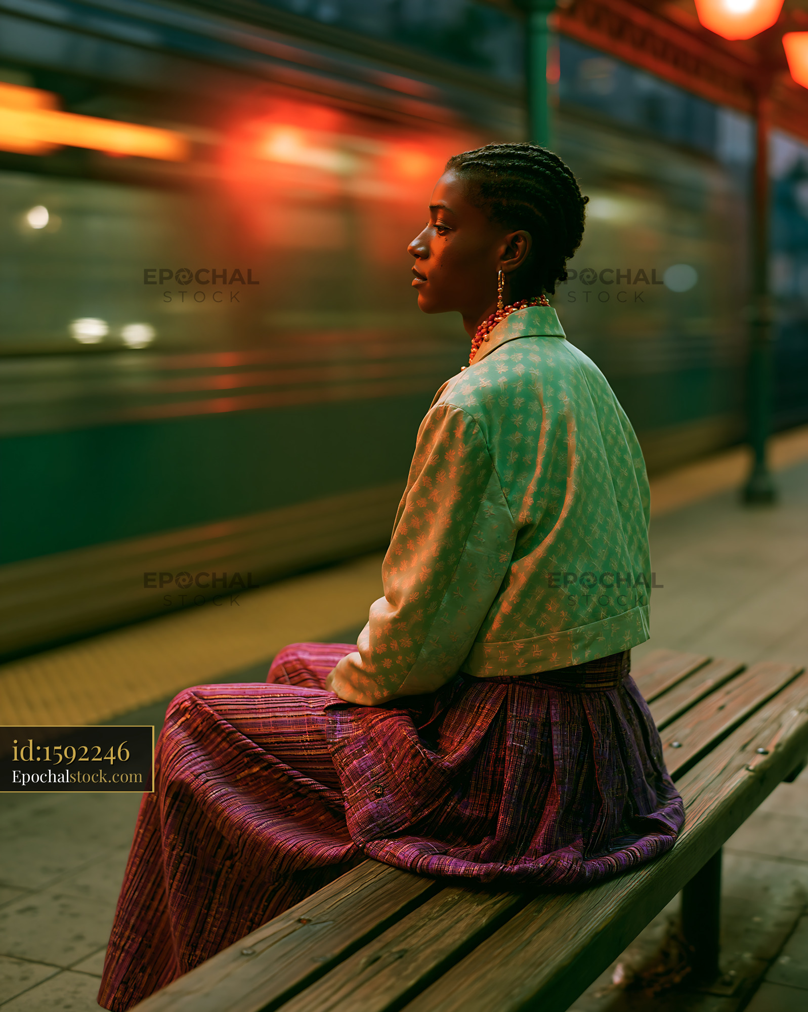 Watermarked full-resolution preview of Woman sitting on bench at train station during evening