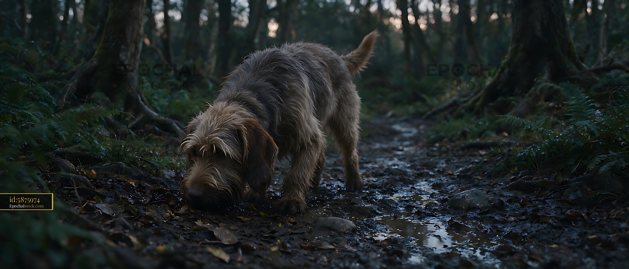 Watermarked full-resolution preview of Shaggy dog sniffing a wet woodland path
