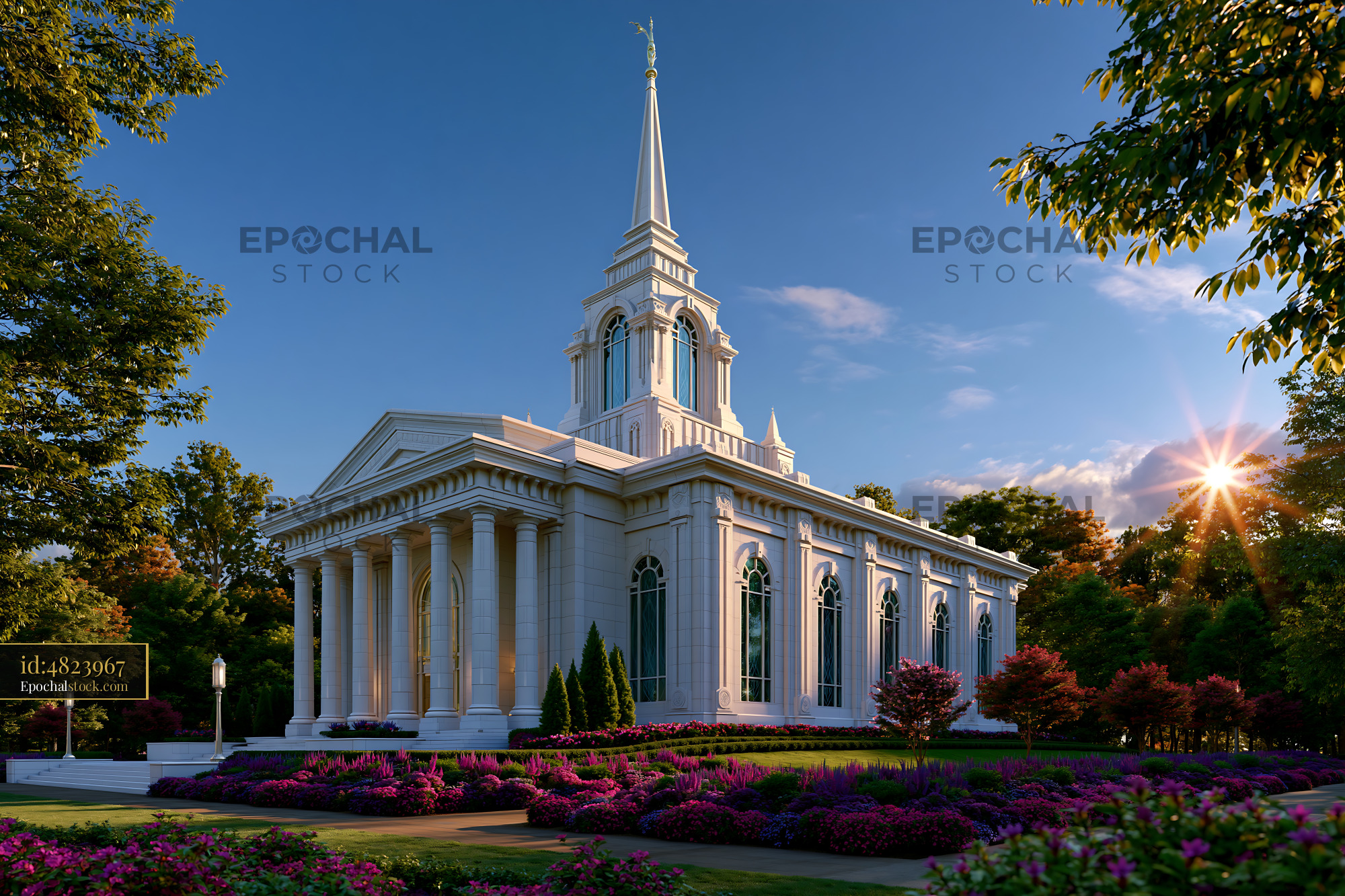 Watermarked full-resolution preview of Church building with white architecture and colorful flowers