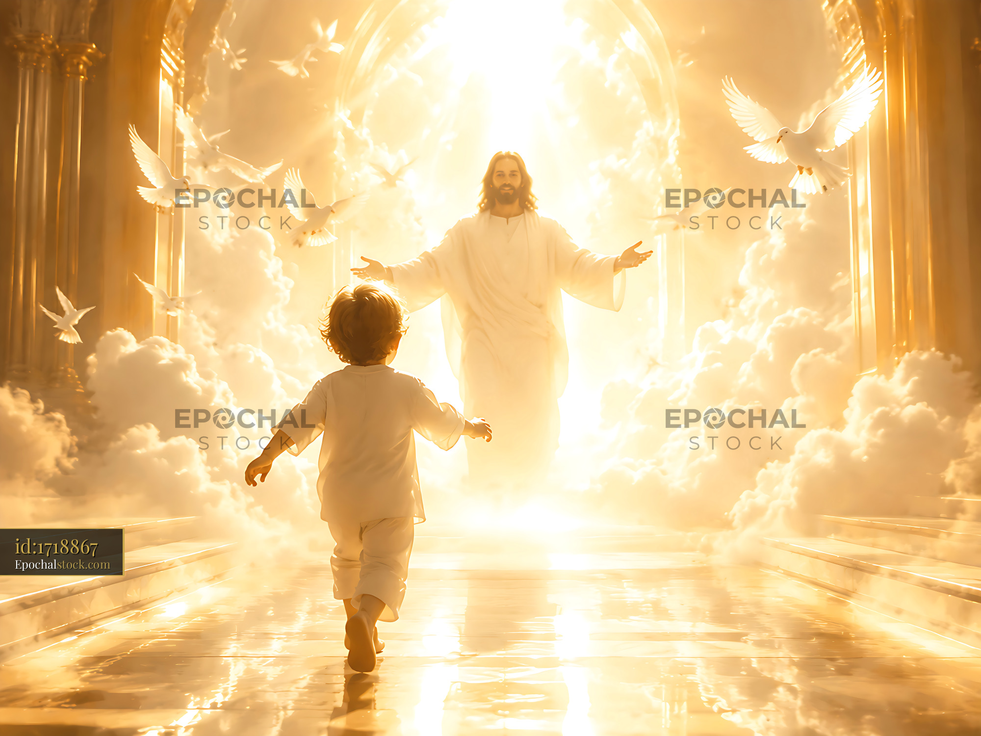 Watermarked full-resolution preview of Child approaches figure in bright heavenly setting