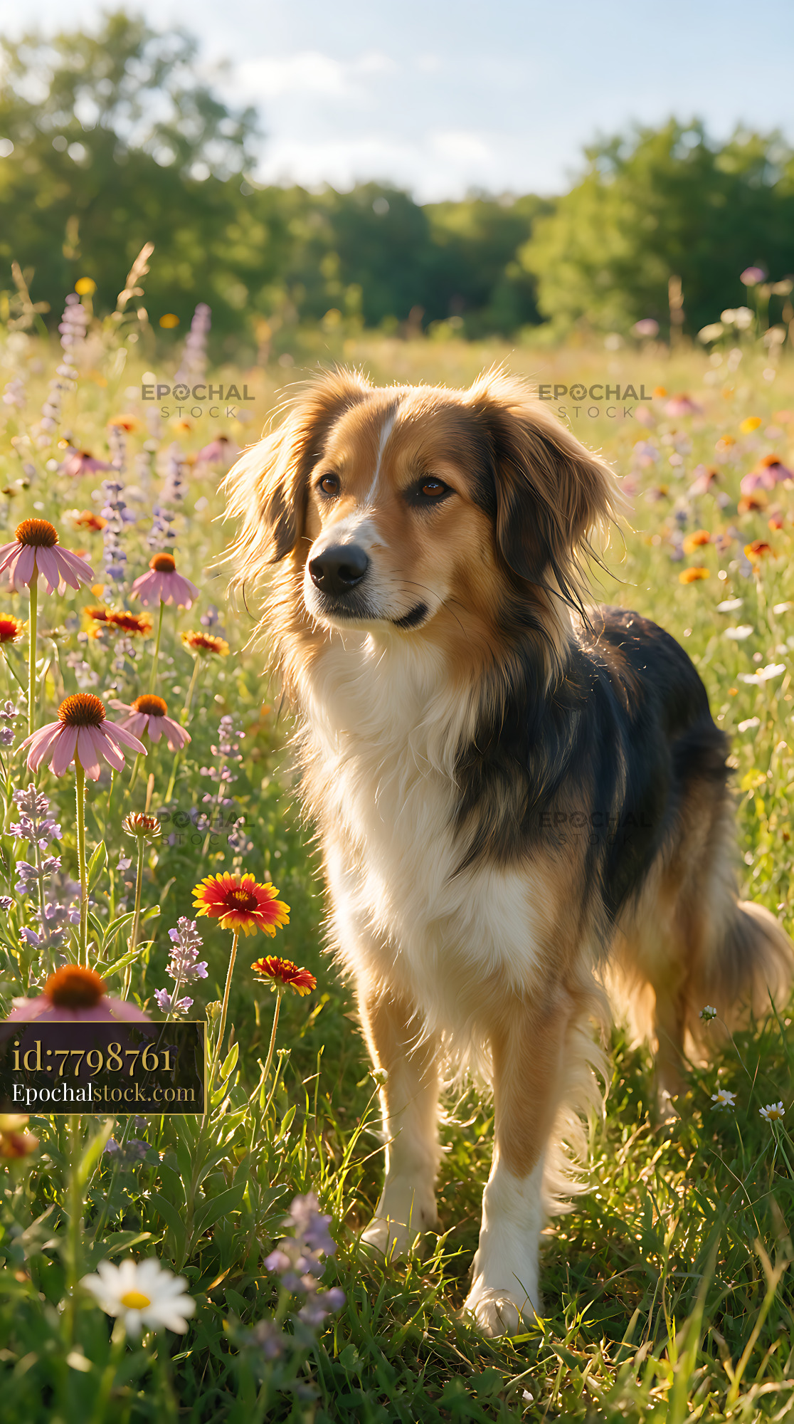 Watermarked full-resolution preview of Fluffy long-haired dog among meadow flowers