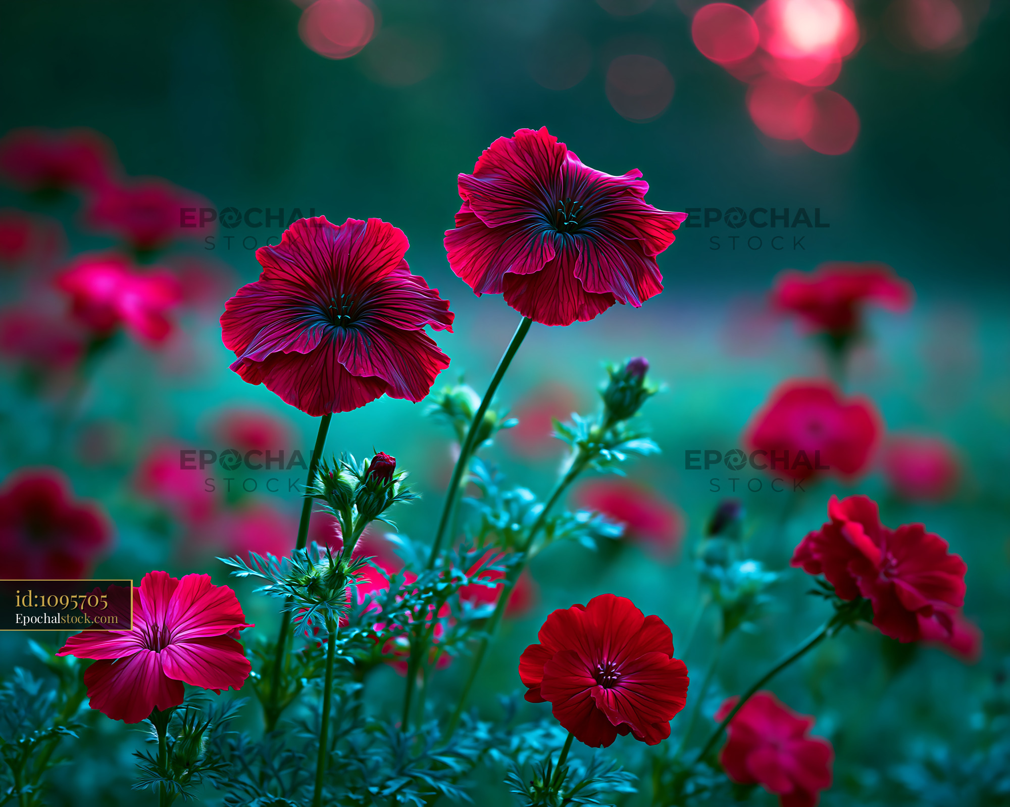 Watermarked full-resolution preview of Red flowers blooming in a garden during sunset