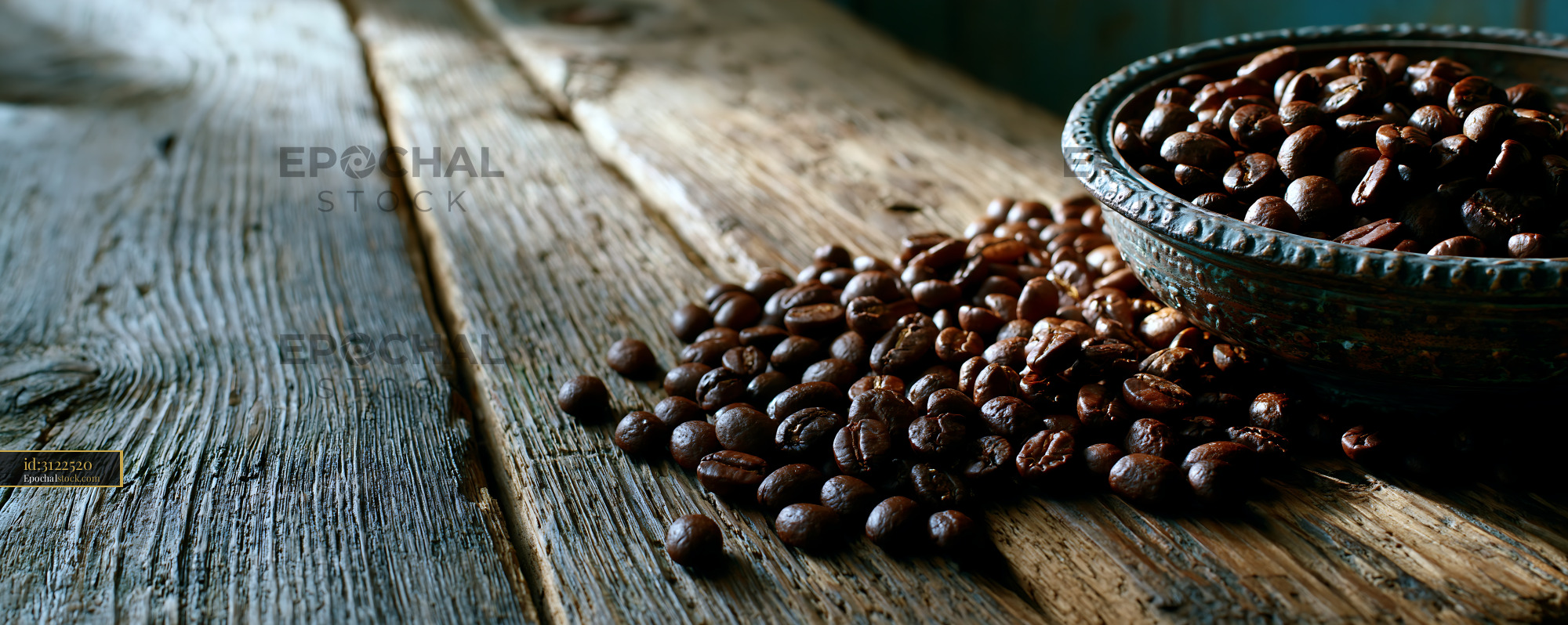 Watermarked full-resolution preview of Coffee beans on rustic wooden surface in natural light