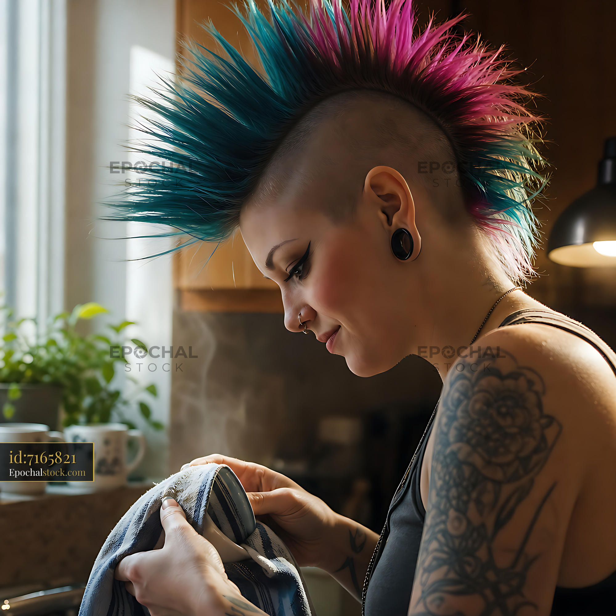 Person With Mohawk Hairstyle Cleaning Dishes in Kitchen Light - stock photo