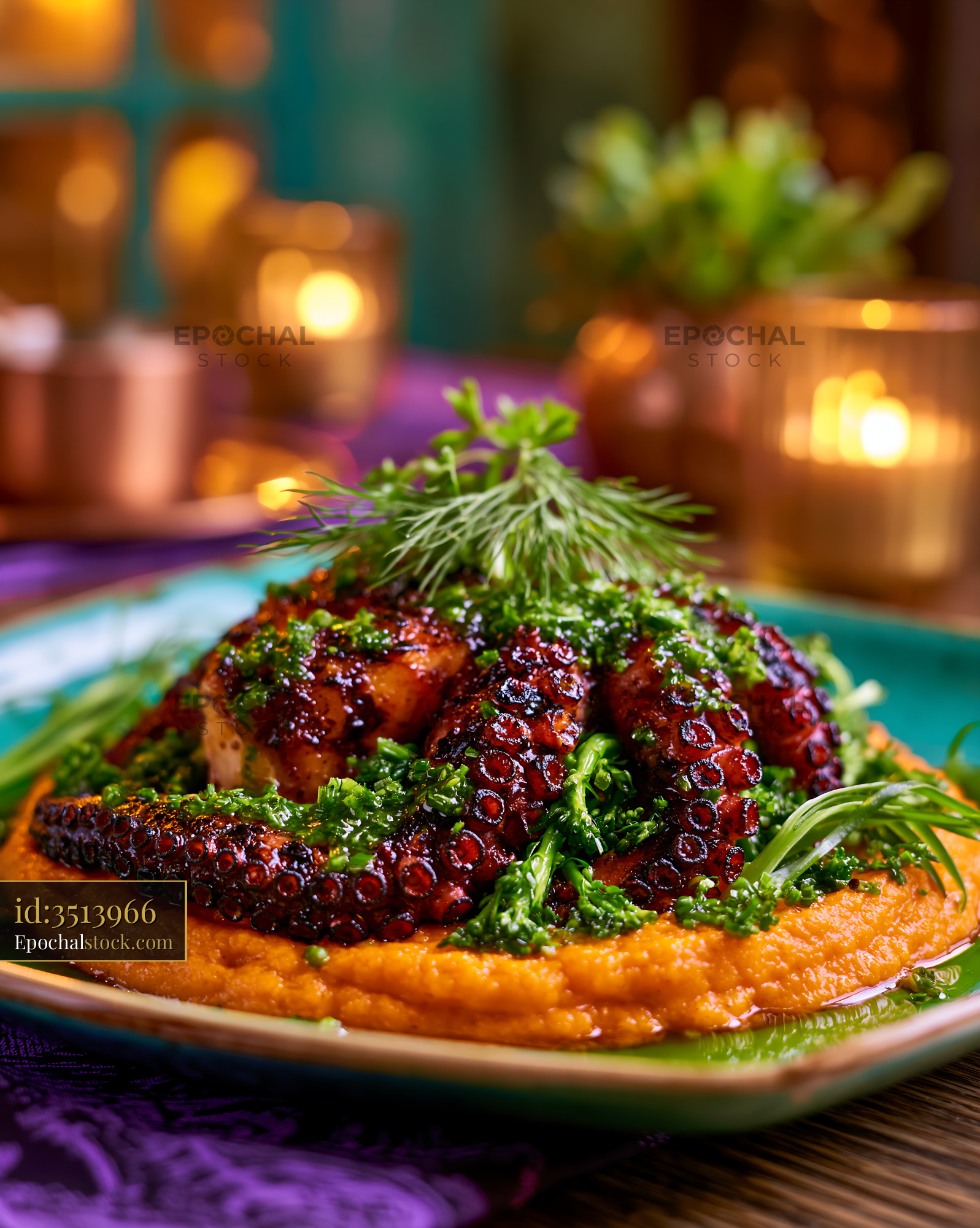 Watermarked full-resolution preview of Close-up grilled octopus plated with herbs and puree