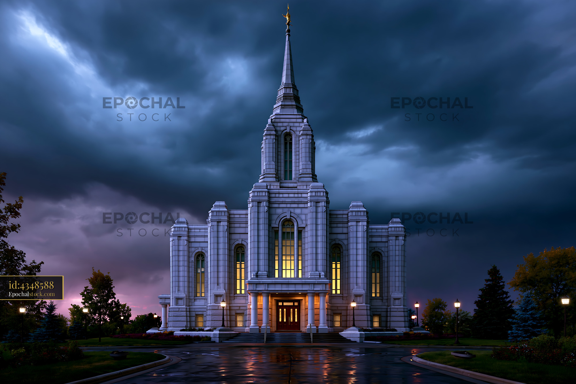Watermarked full-resolution preview of Cloudy sky over a large building with lights at dusk