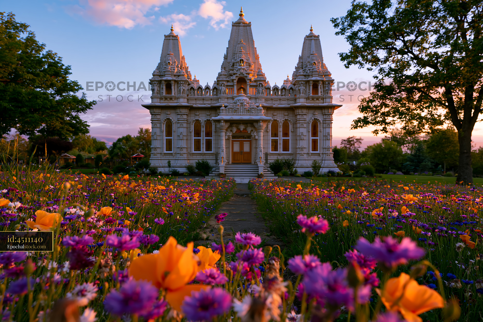 Watermarked full-resolution preview of Beautiful temple surrounded by colorful flowers at sunset