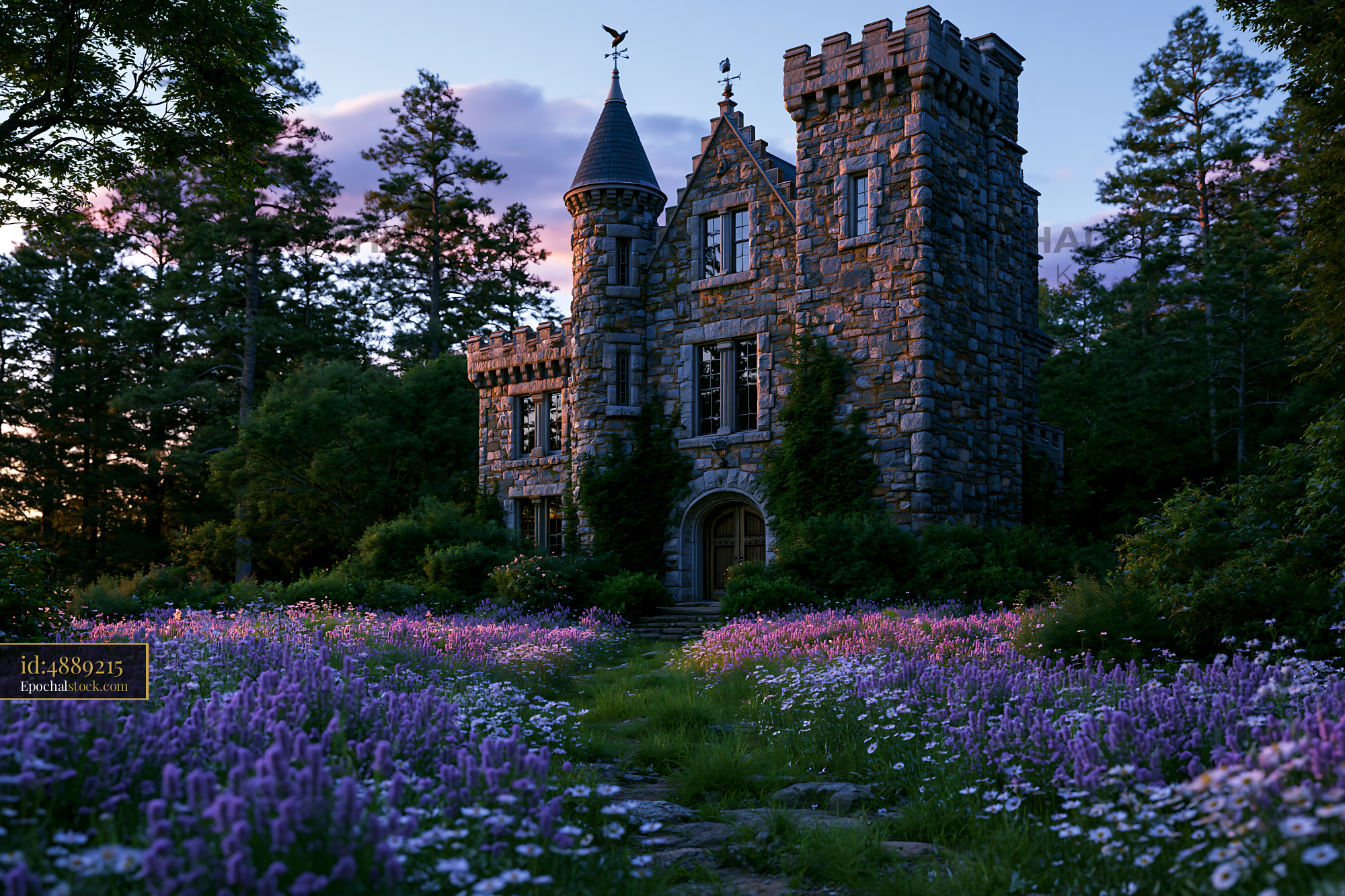 Watermarked full-resolution preview of Castle surrounded by flowers at sunset near a forest