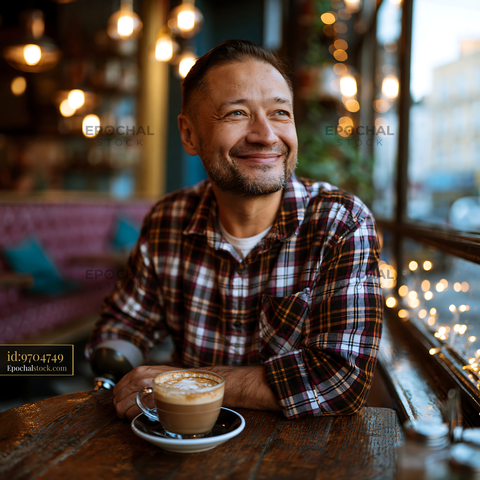 Watermarked full-resolution preview of Man enjoying coffee in a cafe with warm lights at dusk