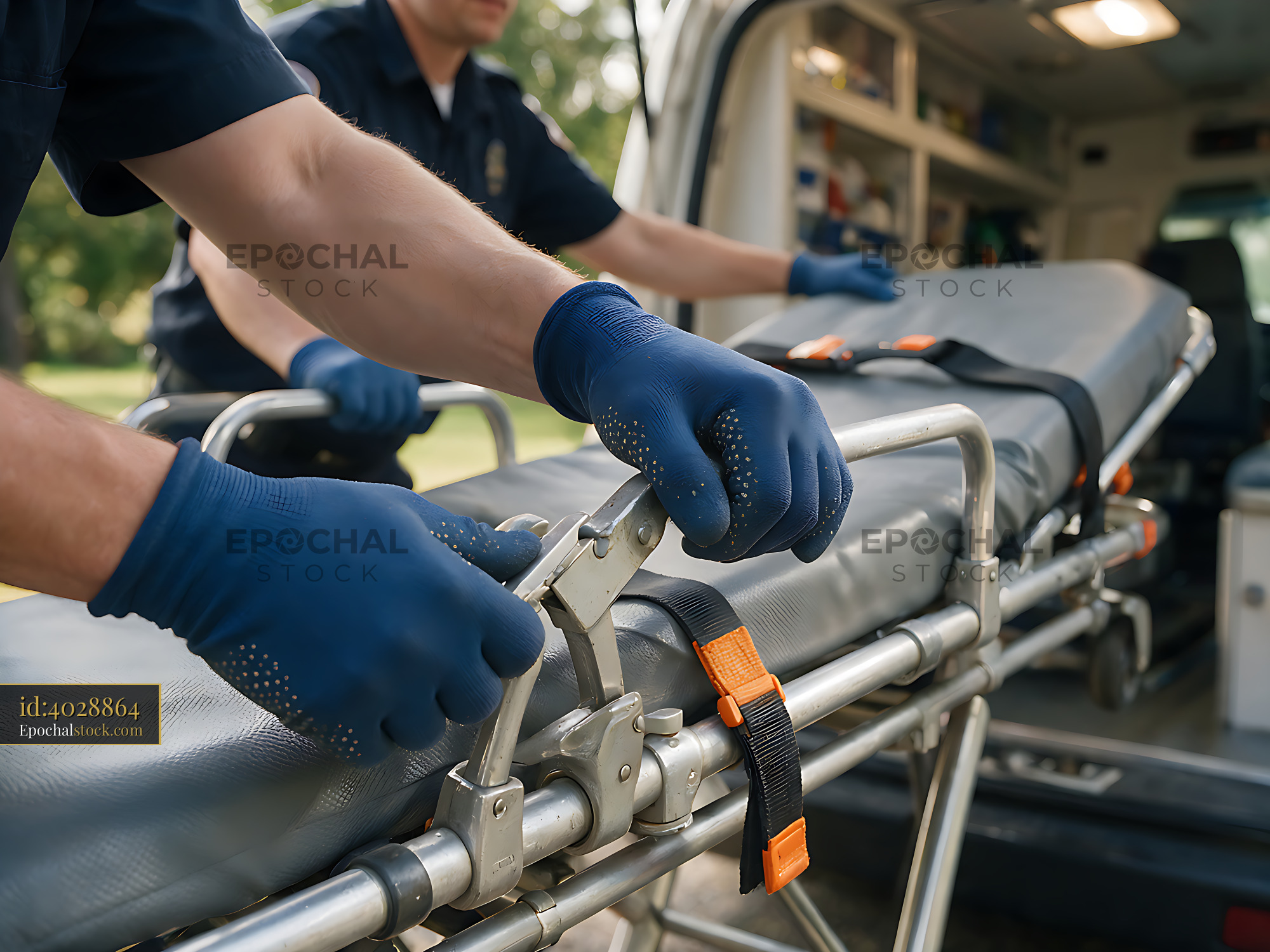 Watermarked full-resolution preview of Paramedics loading stretcher into ambulance