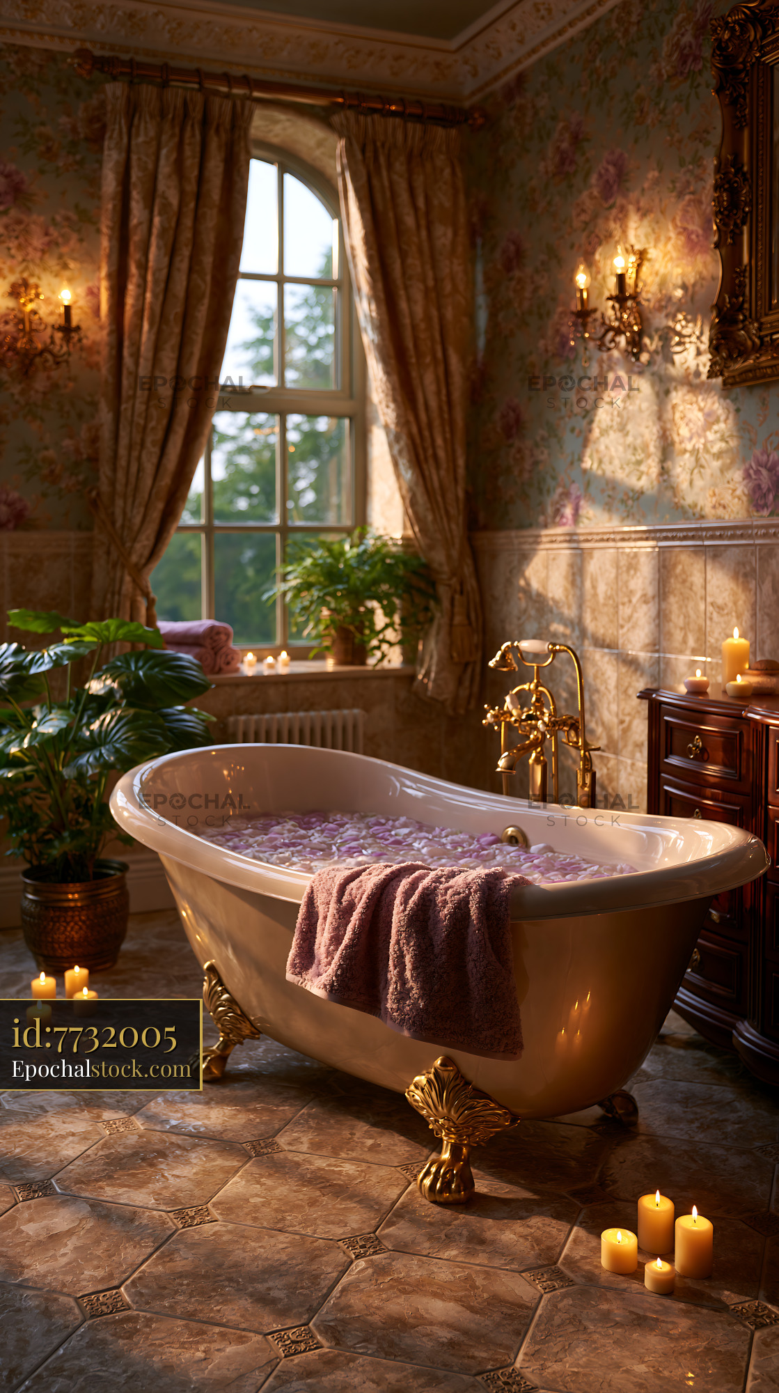 Watermarked full-resolution preview of Relaxation scene in a vintage bathroom with candles and plants