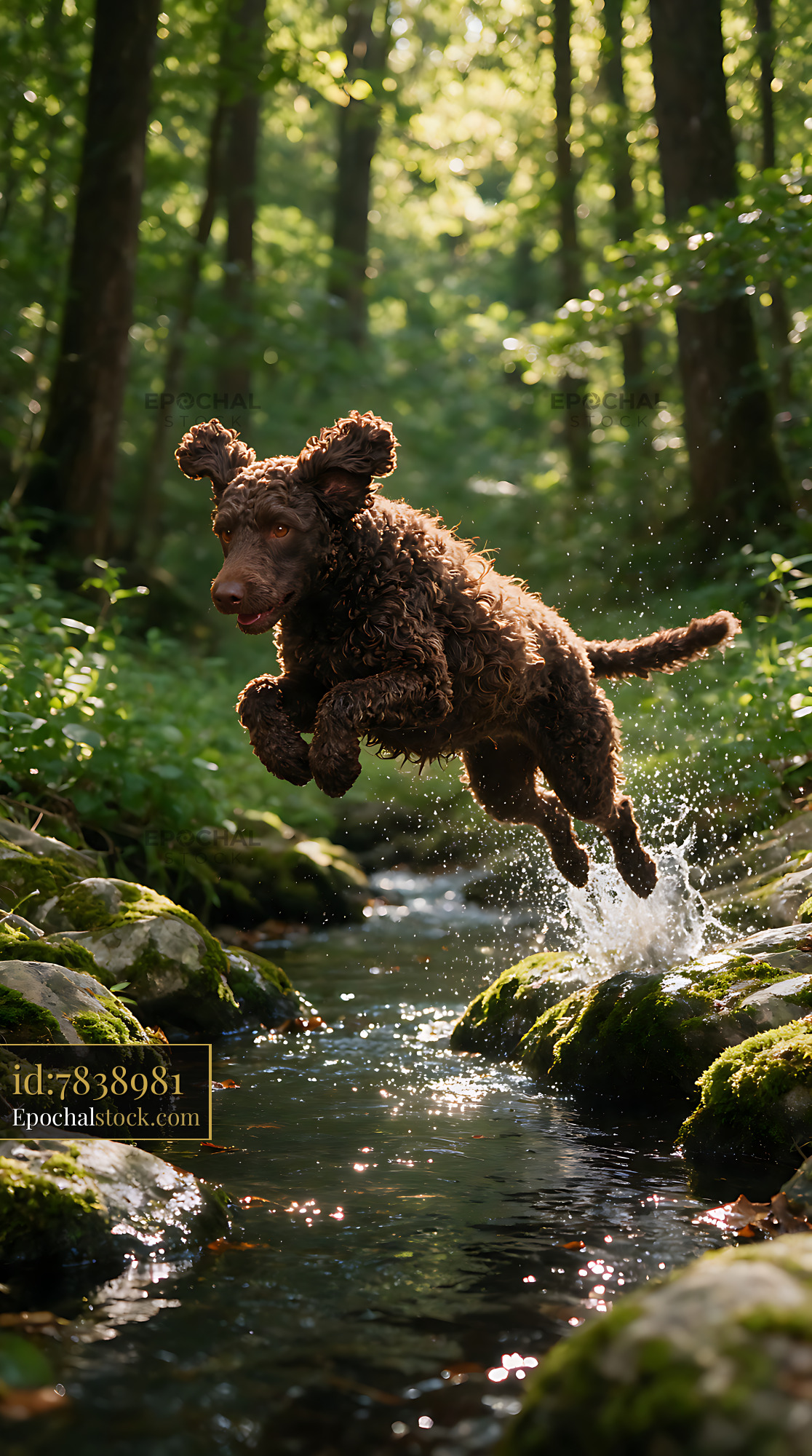 Watermarked full-resolution preview of Brown curly-coated dog jumping over a woodland creek