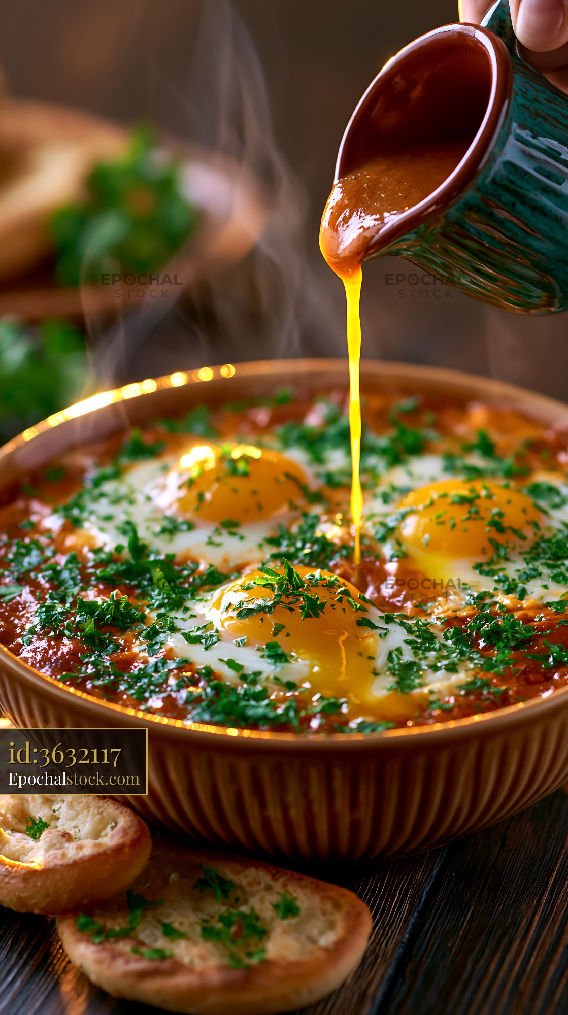 Watermarked full-resolution preview of Close-up of steaming eggs with herbs and sauce
