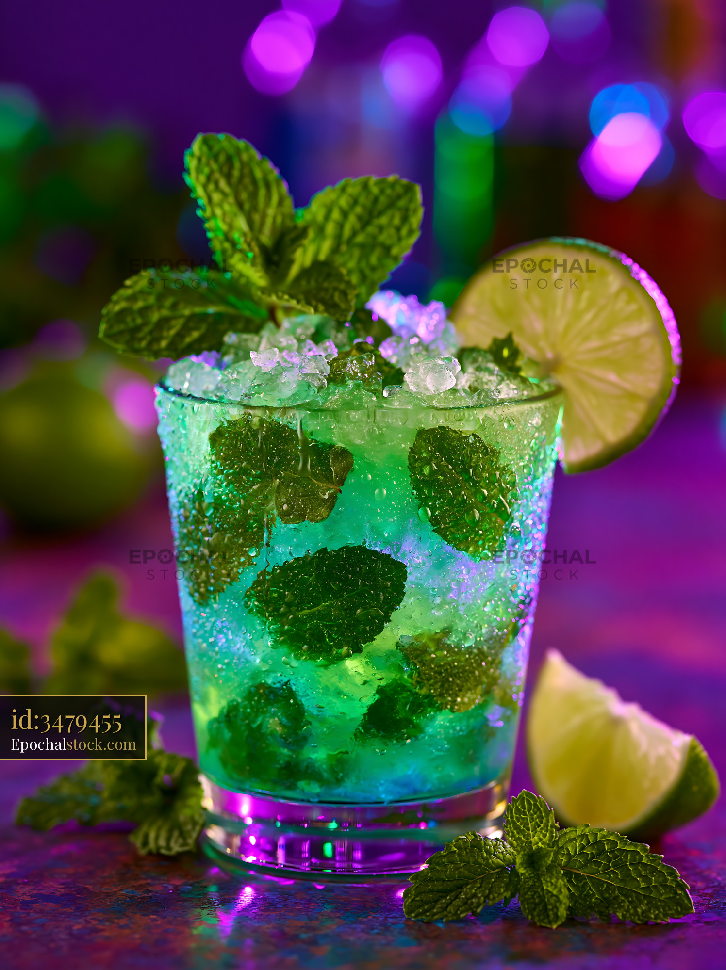Watermarked full-resolution preview of Minty green cocktail with lime and mint leaves on a bar counter
