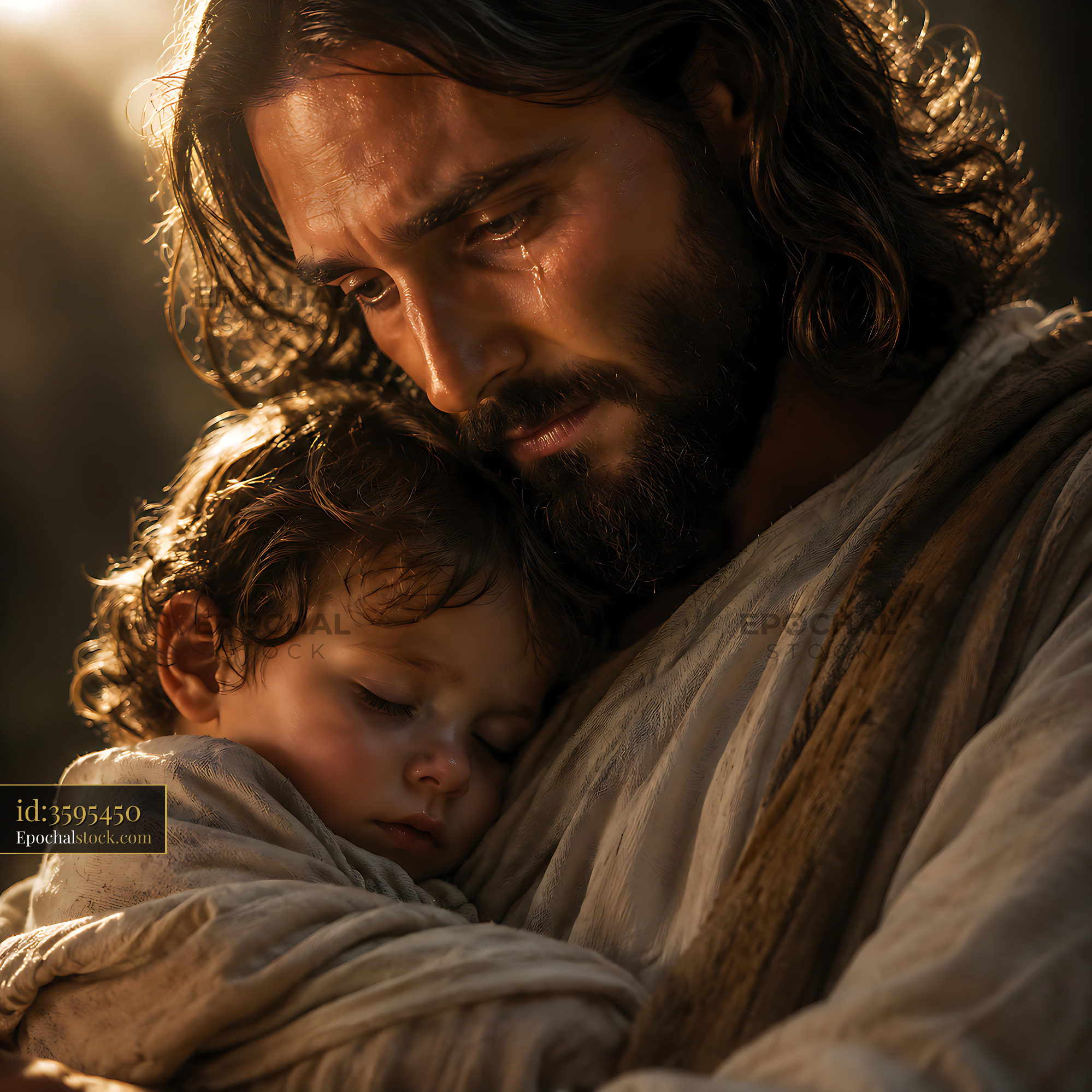 Man Holding Child With Emotional Expression in Soft Light - stock photo