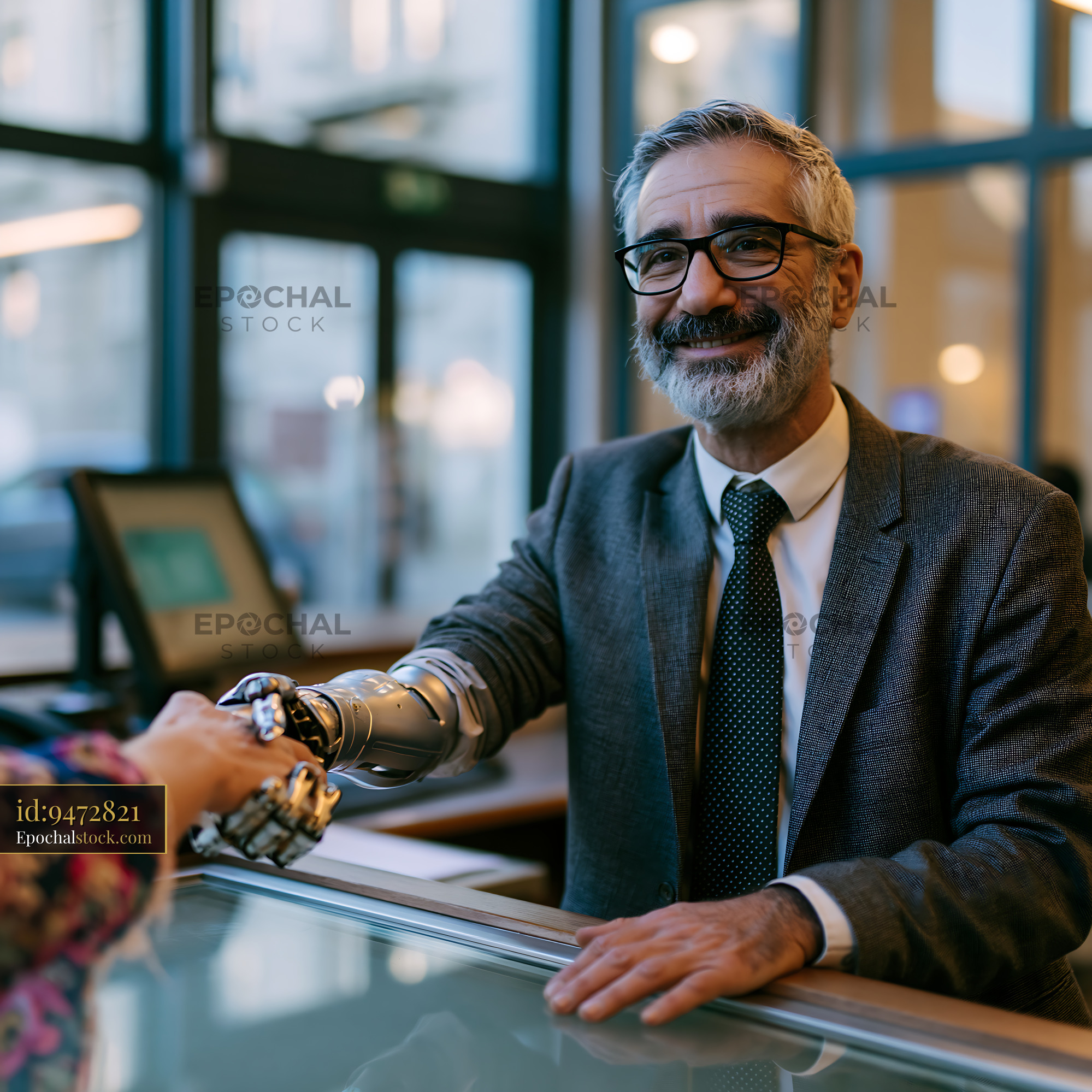 Watermarked full-resolution preview of Man with prosthetic arm interacts with customer at service counter