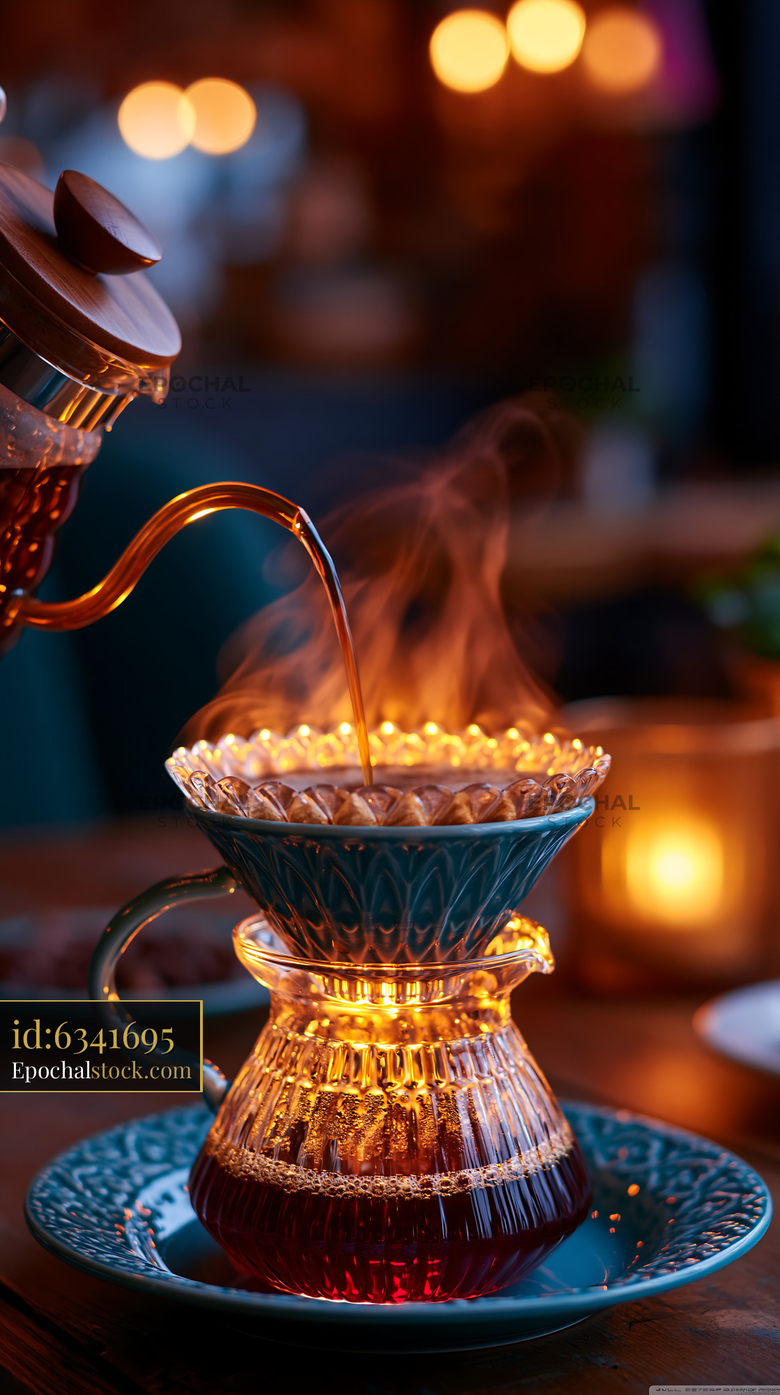 Watermarked full-resolution preview of Hot coffee brewing in a pour-over setup with steam rising