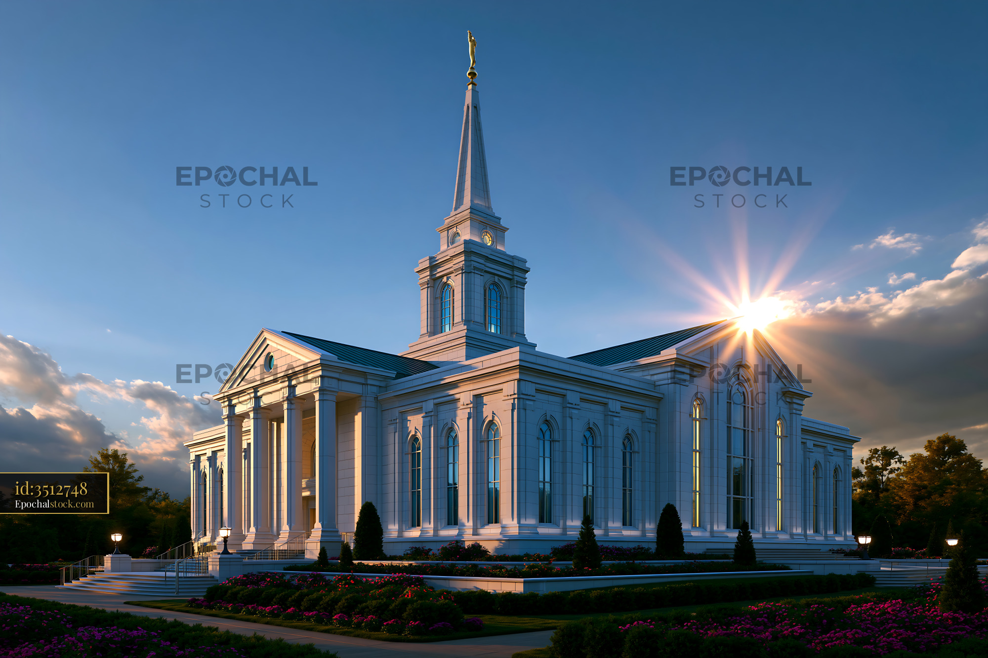 Watermarked full-resolution preview of Sunset view of a church with a tall steeple and bright sky