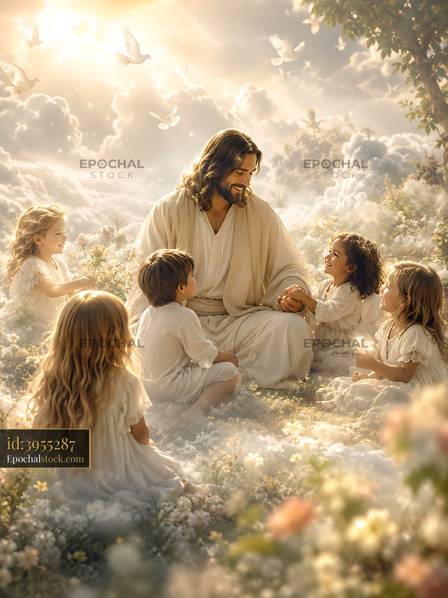 Watermarked full-resolution preview of Children gather around a figure in a serene cloud setting