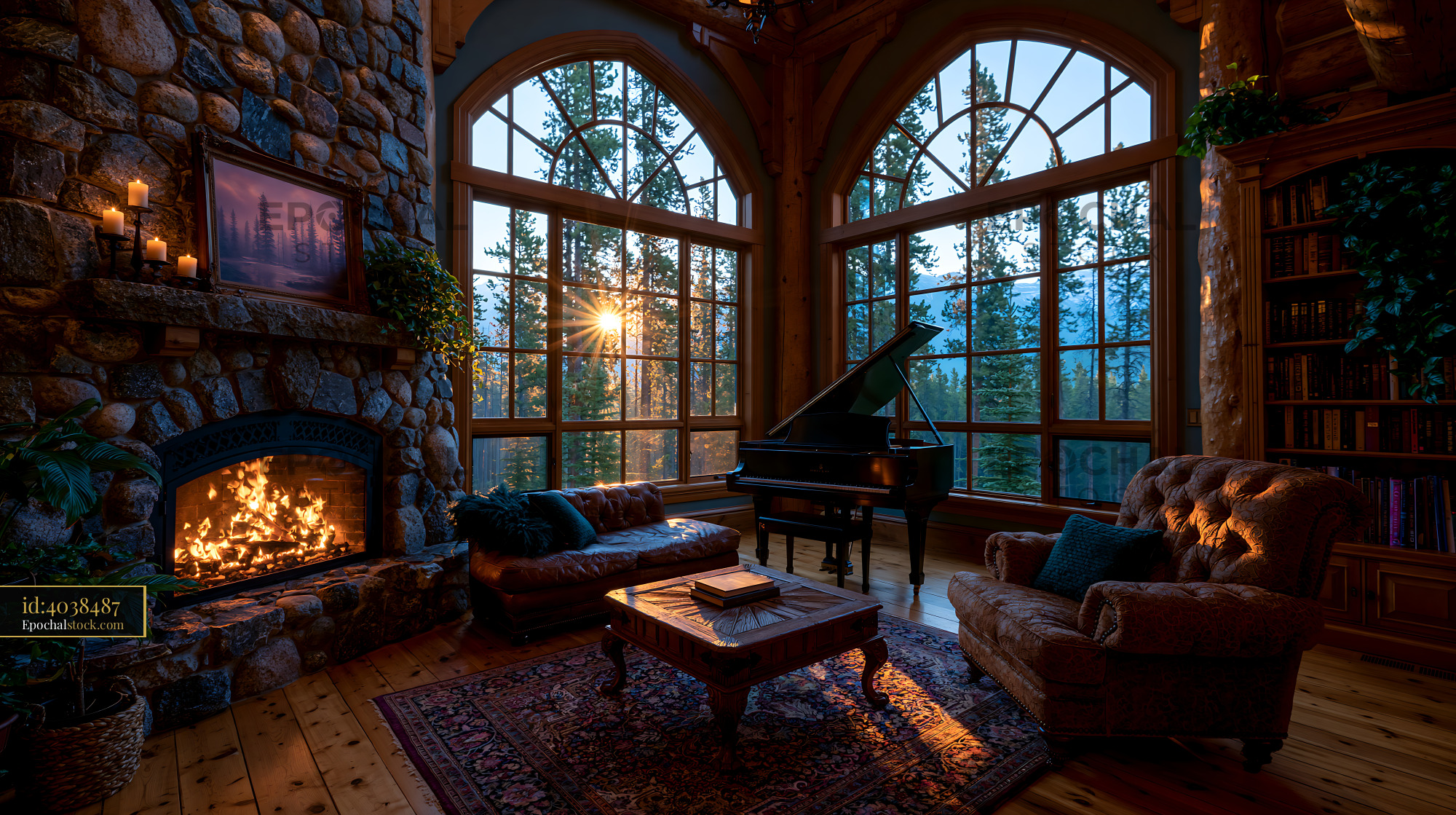 Watermarked full-resolution preview of Cozy living room with a fireplace and large windows at sunset