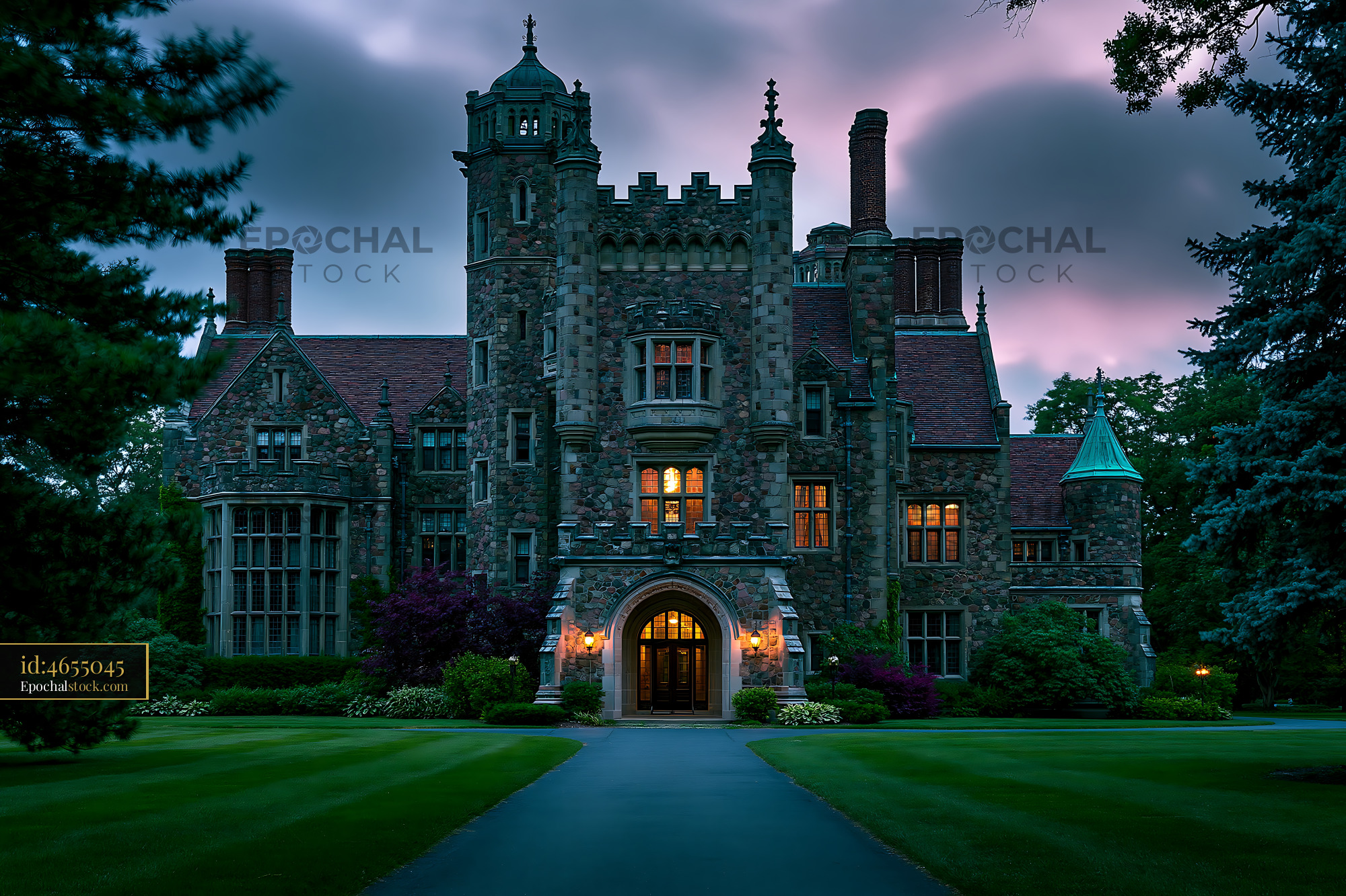 Watermarked full-resolution preview of Castle with stone architecture under purple sky at dusk