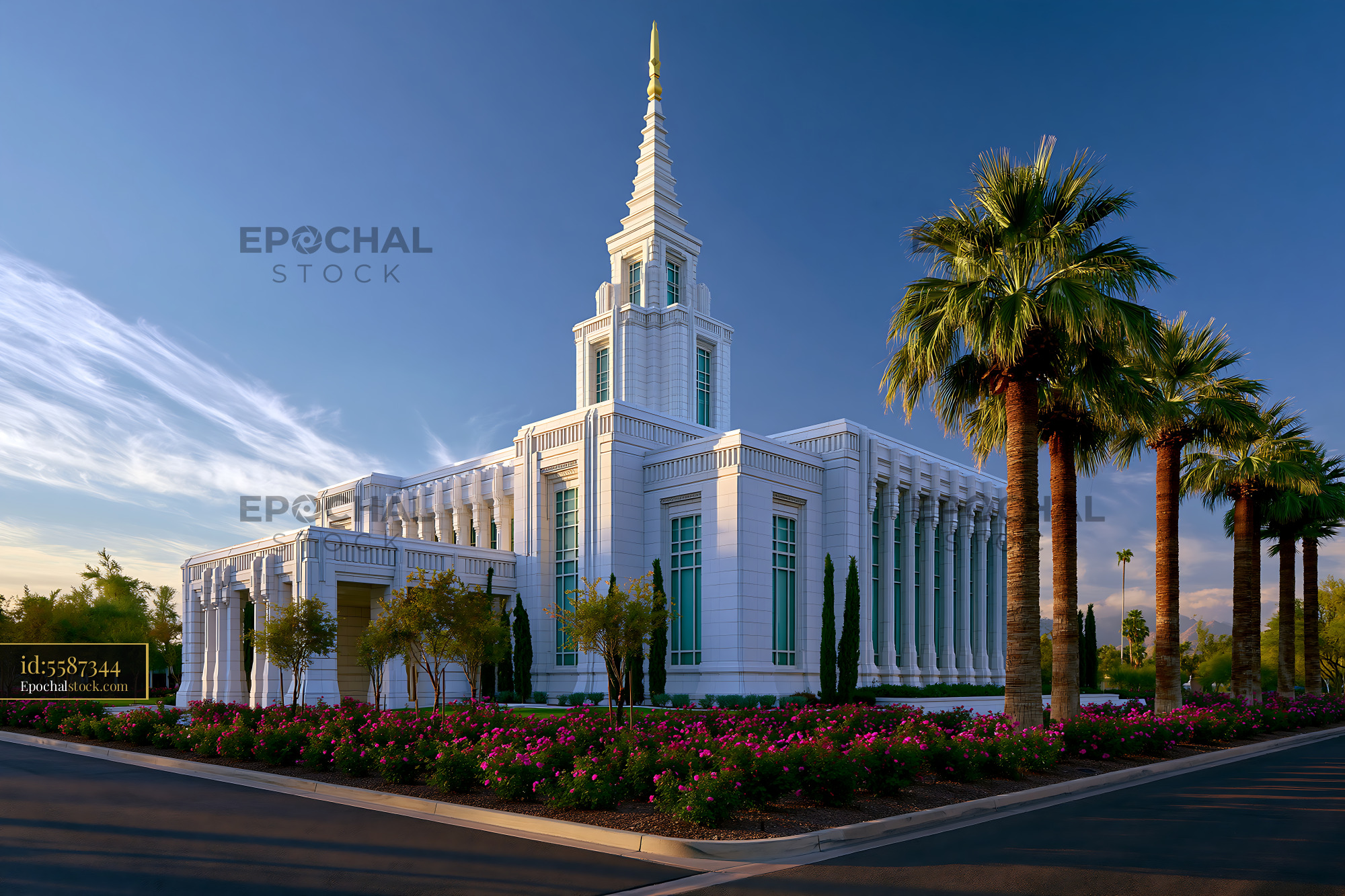 Watermarked full-resolution preview of Modern temple surrounded by palm trees and flowers during sunset