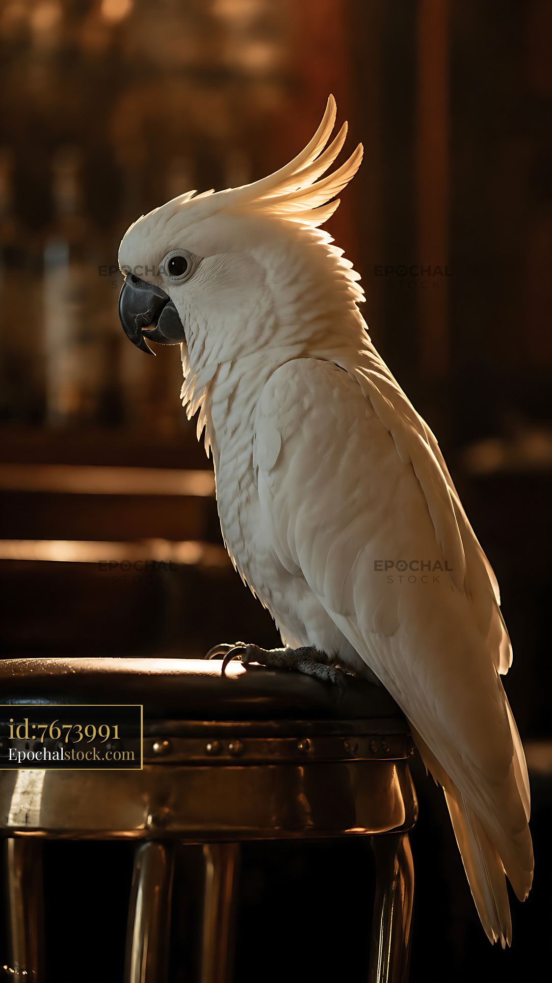 White Cockatoo Perched on Bar Stool in Low Light Setting - stock photo