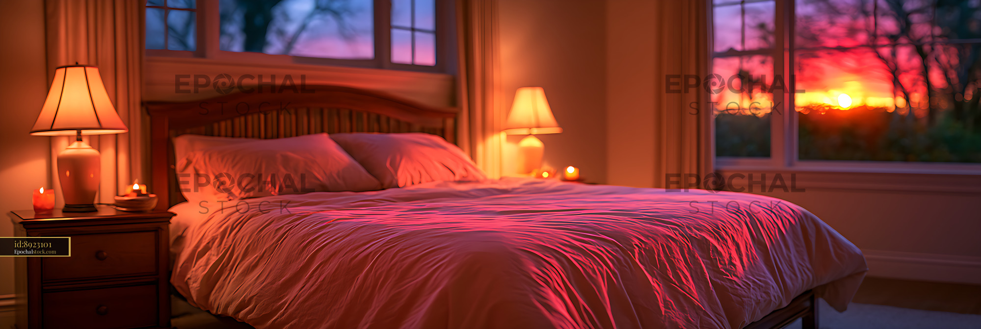 Watermarked full-resolution preview of Warm bedroom interior glowing at sunset