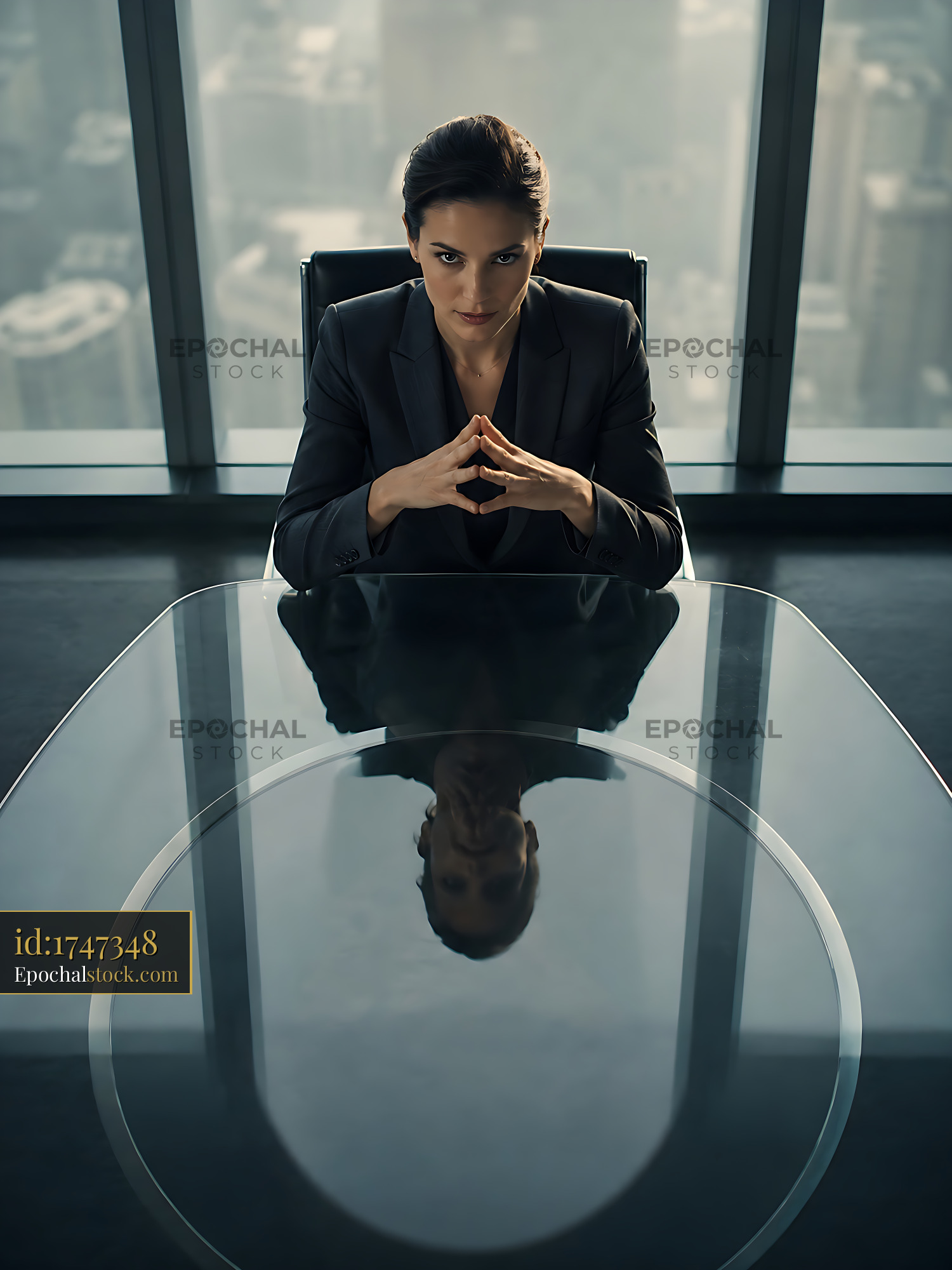 Watermarked full-resolution preview of Businesswoman in conference room with city view