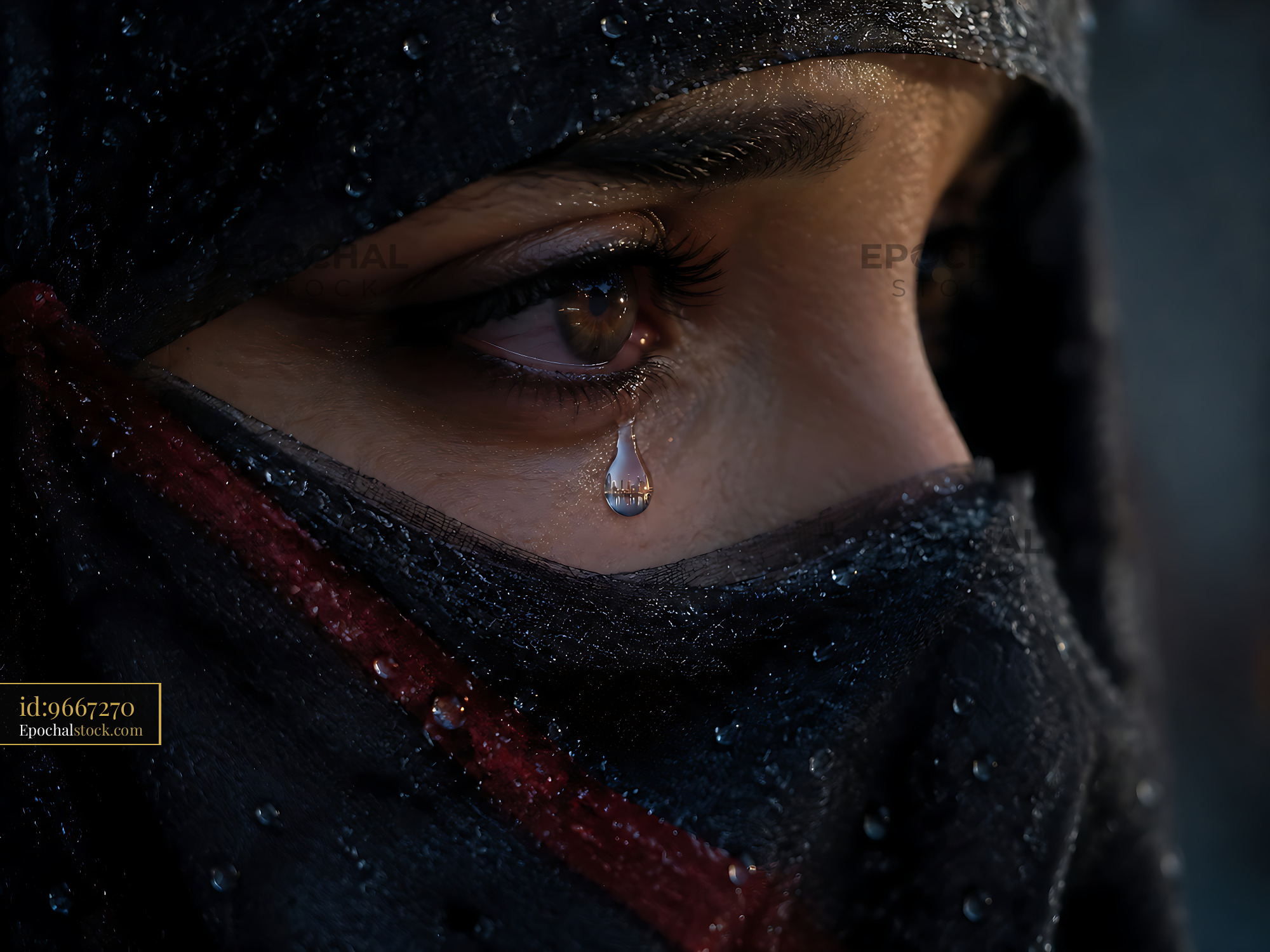 Watermarked full-resolution preview of Woman in hijab with tear on cheek in rainy setting
