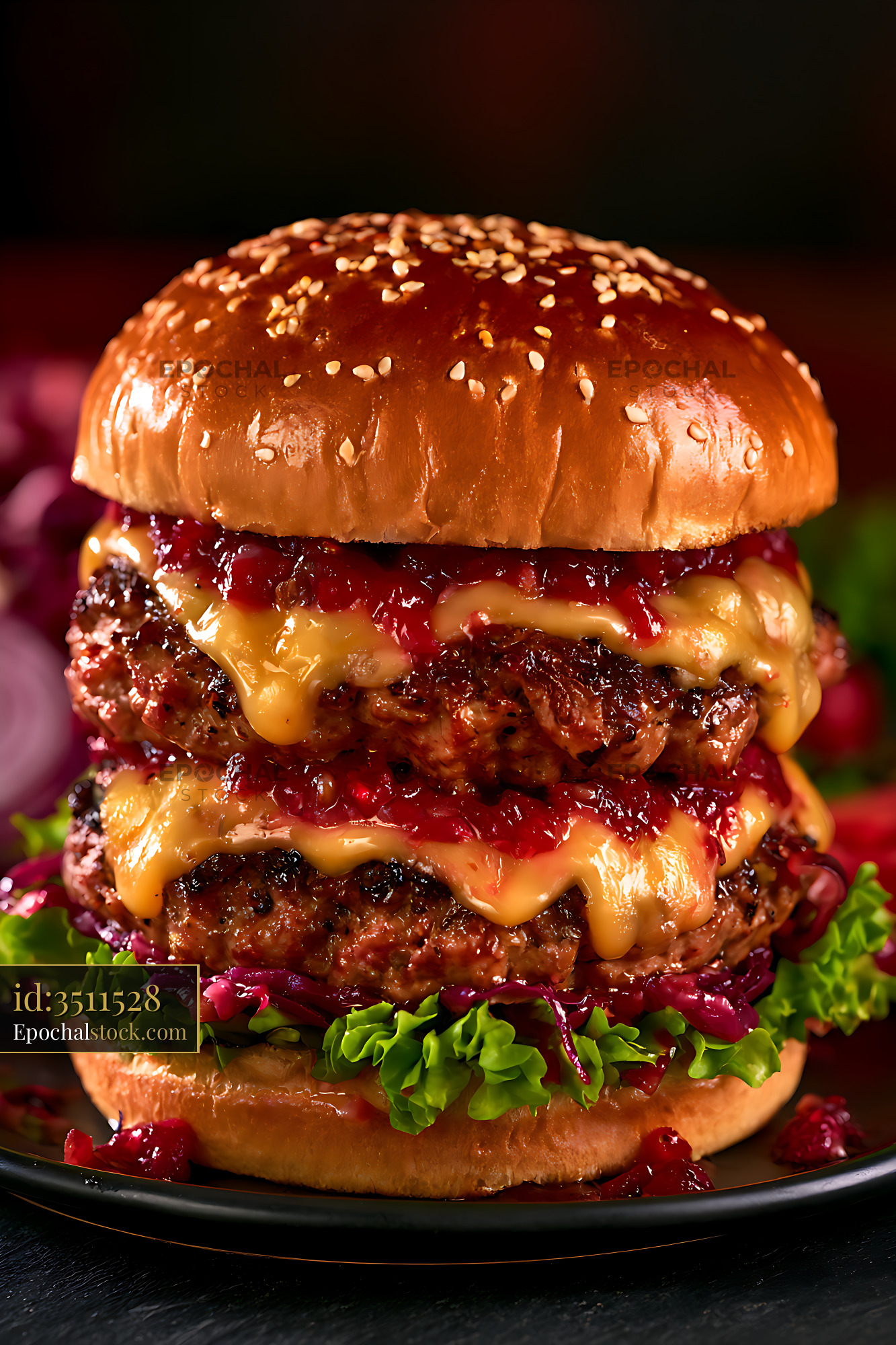Watermarked full-resolution preview of Stacked burger with melted cheese and toppings on a dark background