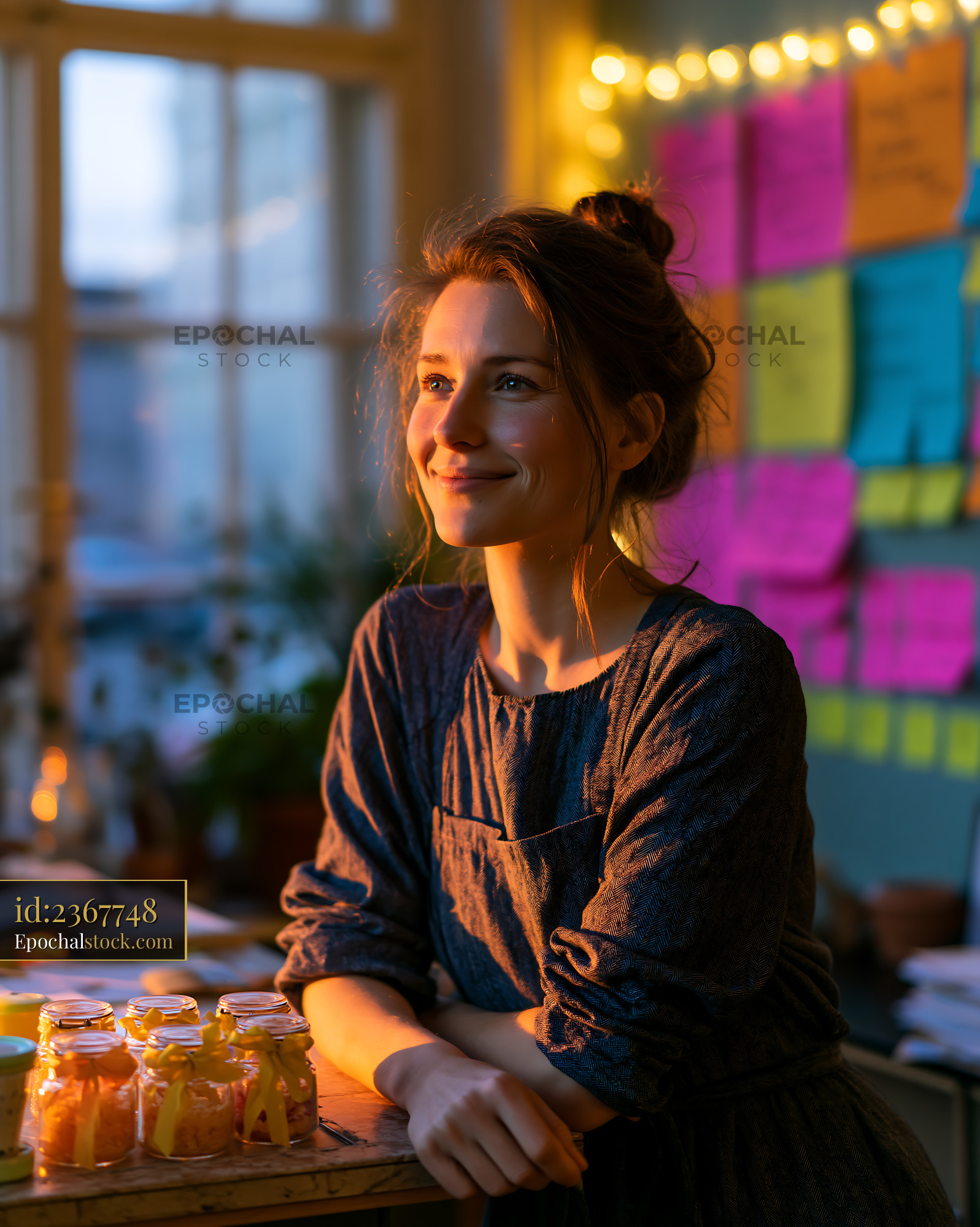 Watermarked full-resolution preview of Smiling woman standing indoors by table with jars of preserves