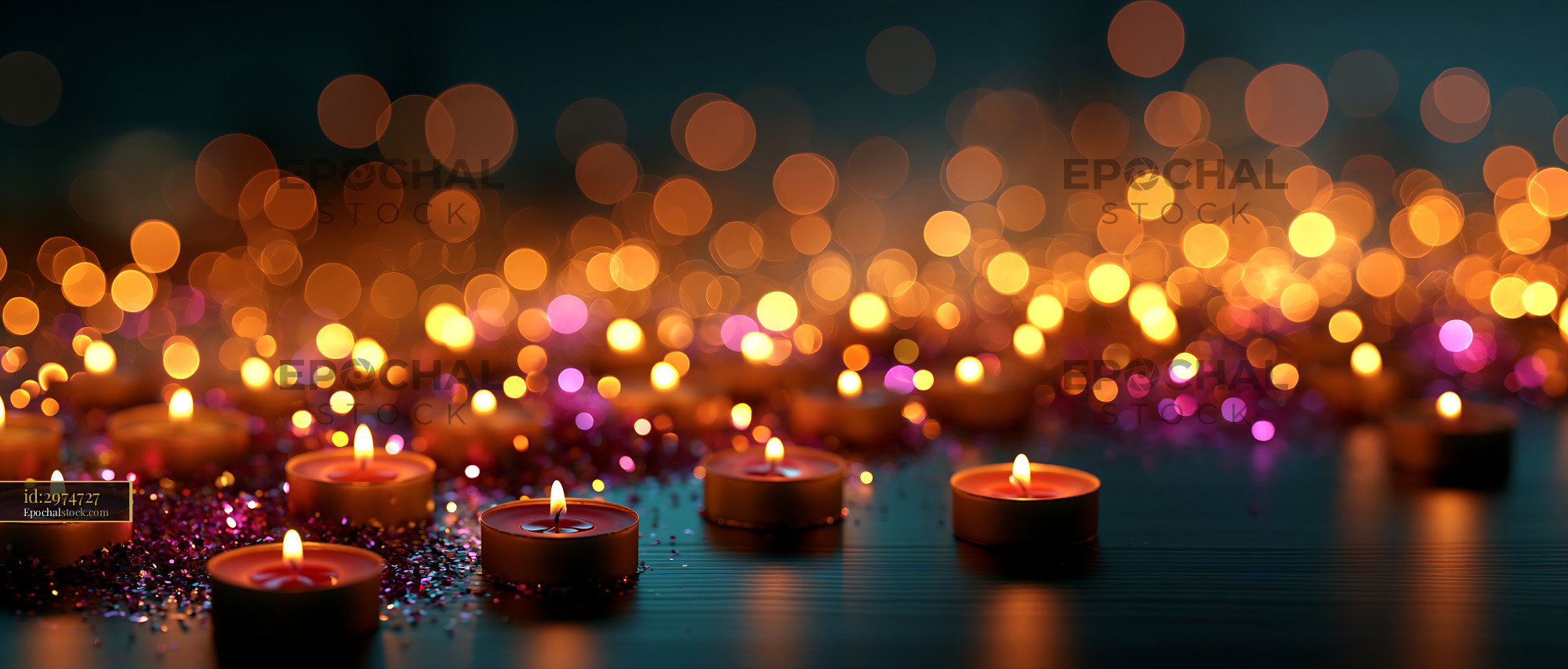 Watermarked full-resolution preview of Candles and sparkling decorations on the table at night