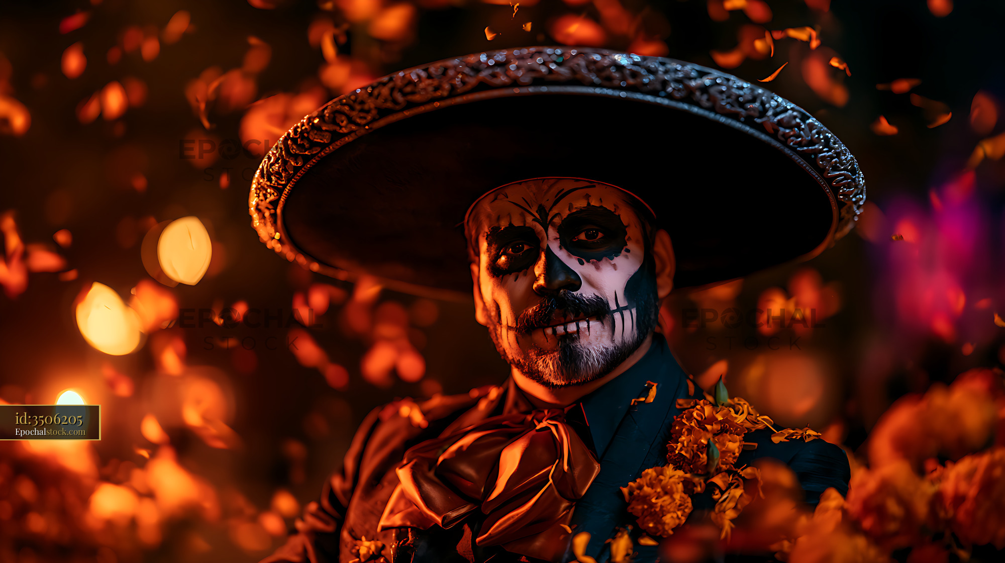 Watermarked full-resolution preview of Dramatic skull-painted man wearing a decorated sombrero