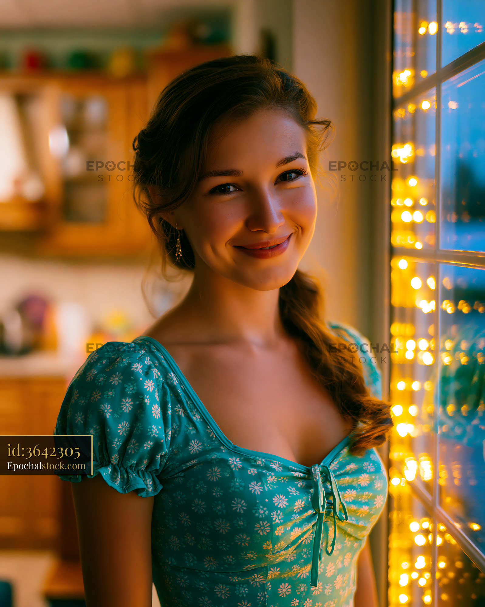 Watermarked full-resolution preview of Woman standing by a window with warm lights in the background