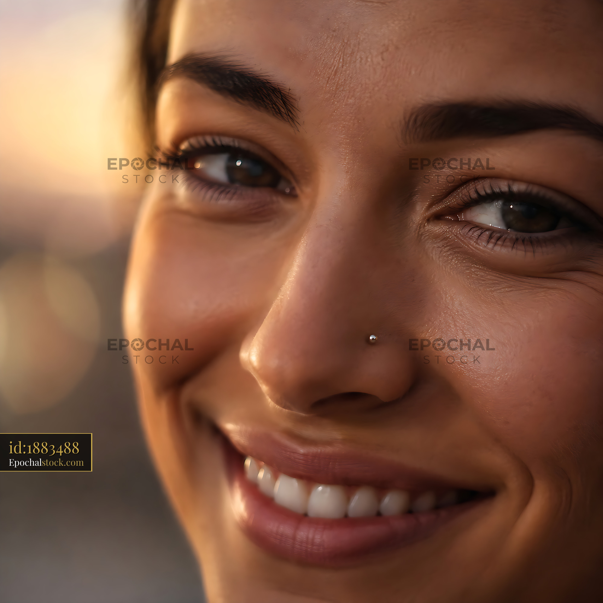 Watermarked full-resolution preview of Smiling woman with piercing during sunset