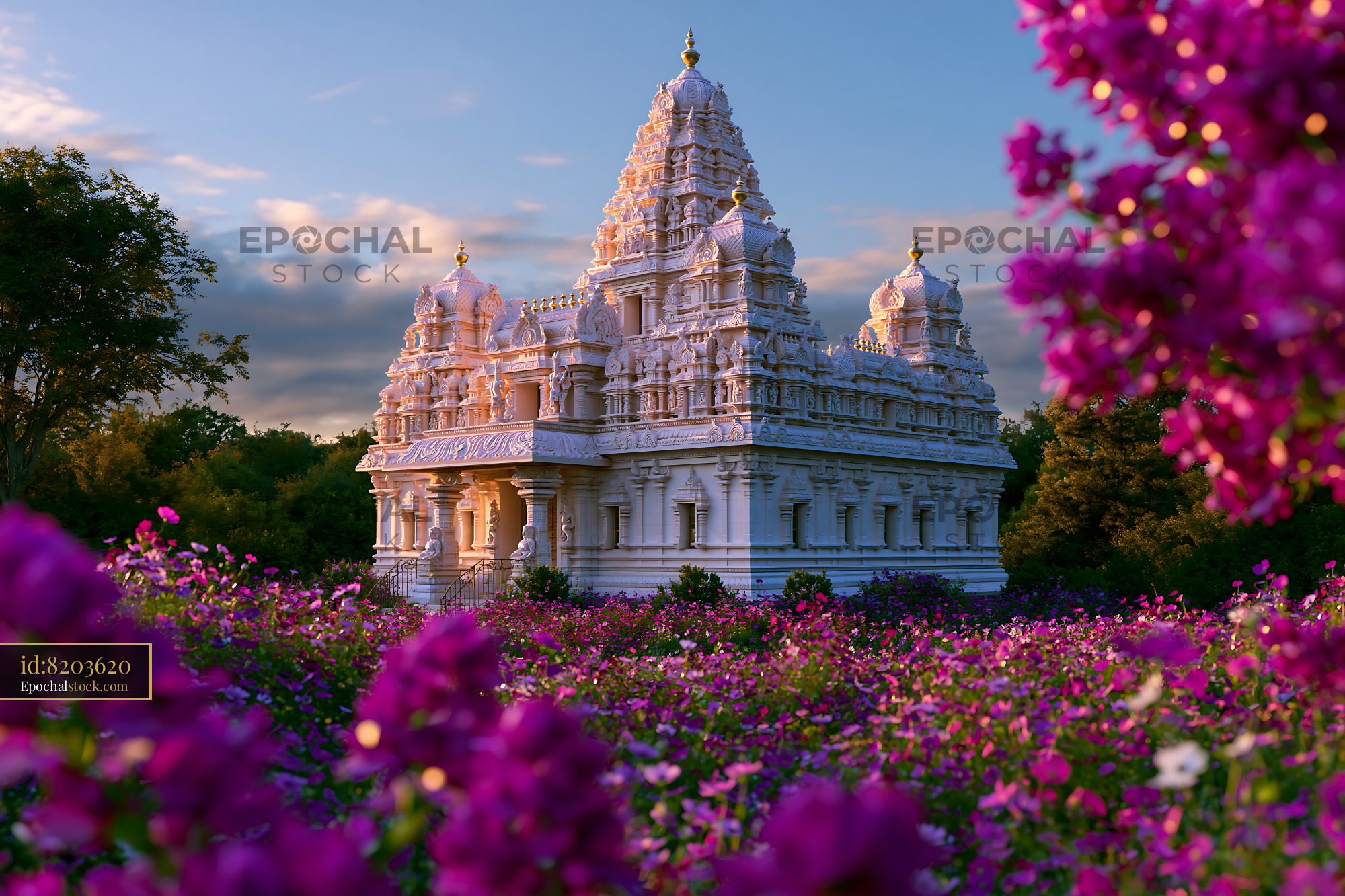 Watermarked full-resolution preview of Beautiful temple surrounded by vibrant flowers at sunset