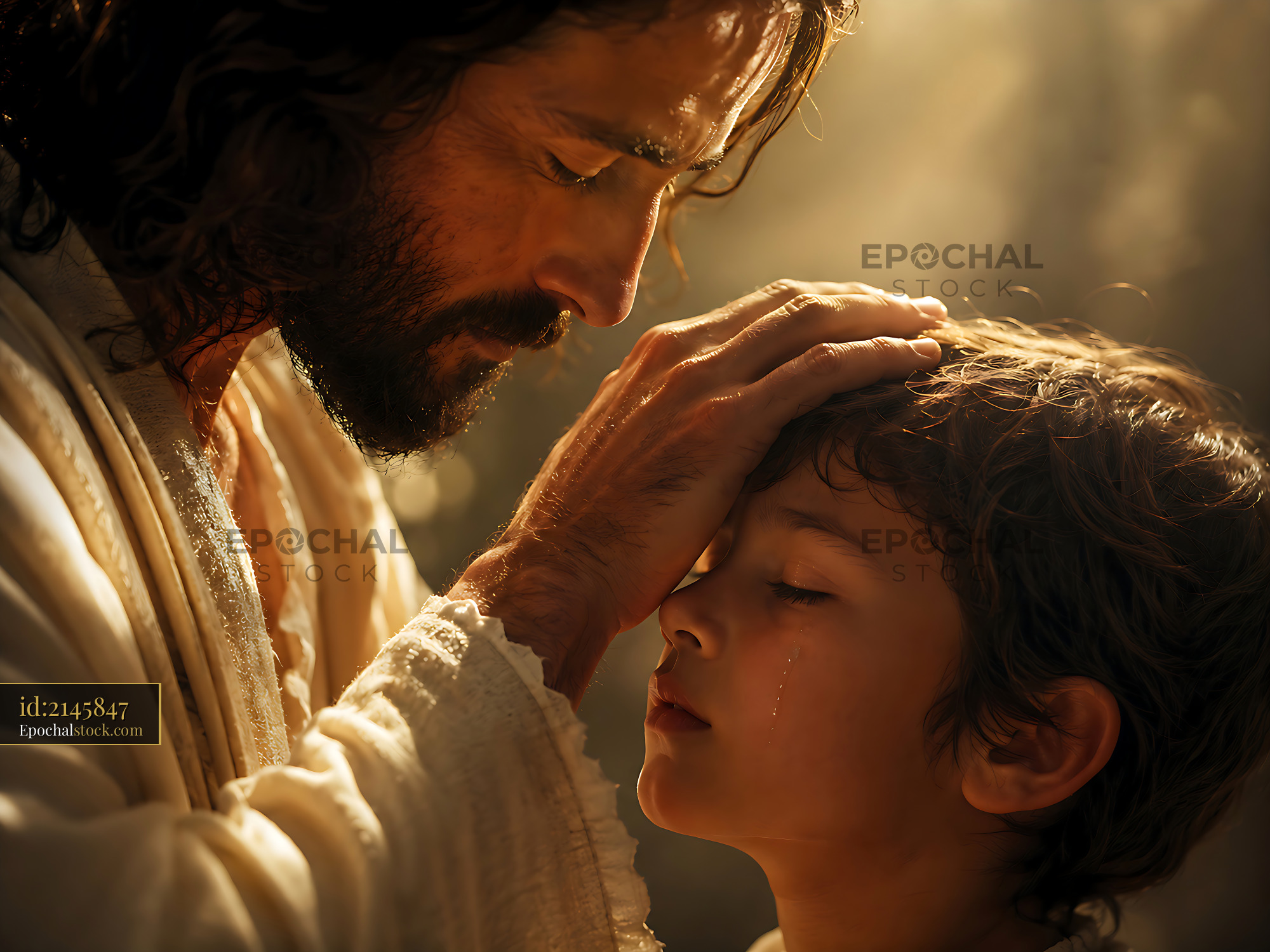 Man Touching Child's Head With Gentle Expression in a Warm Light - stock photo