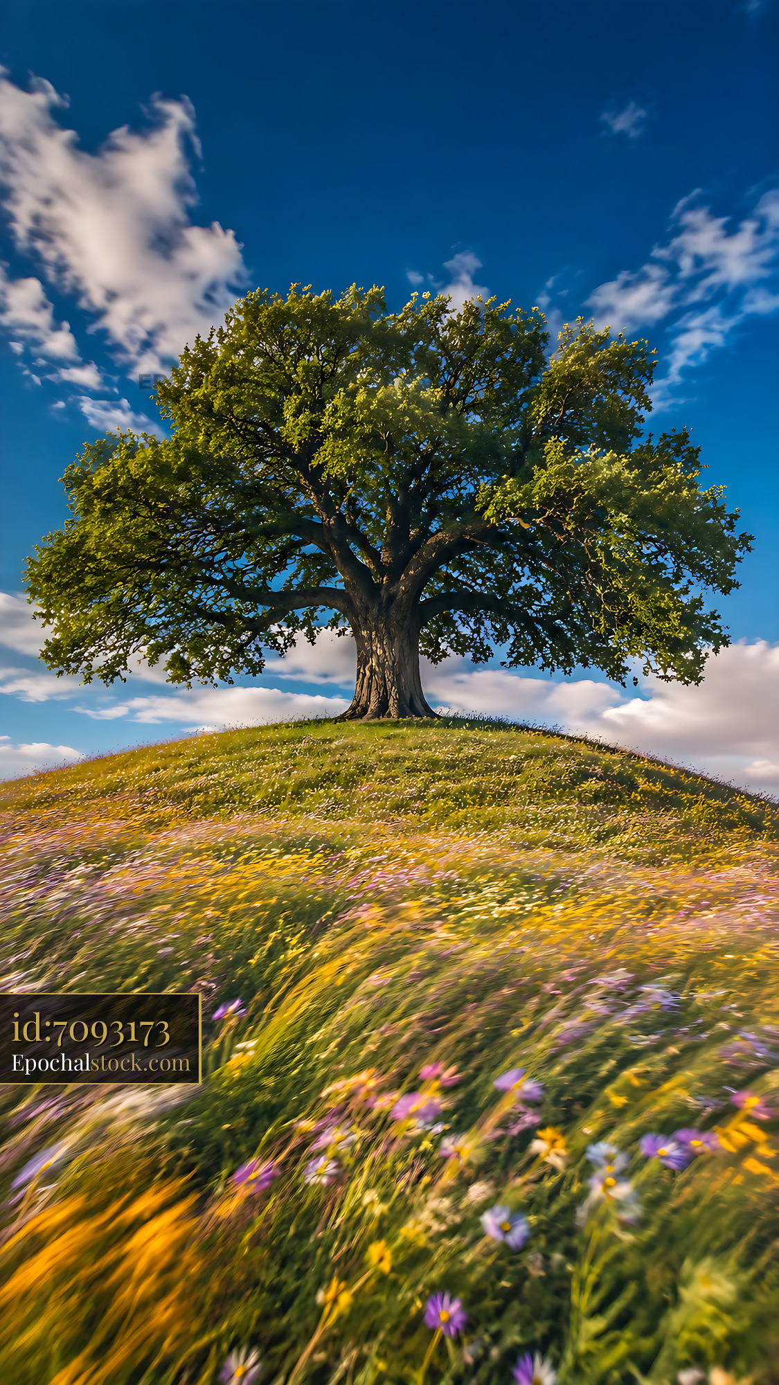 Watermarked full-resolution preview of Large tree on a hill surrounded by colorful flowers