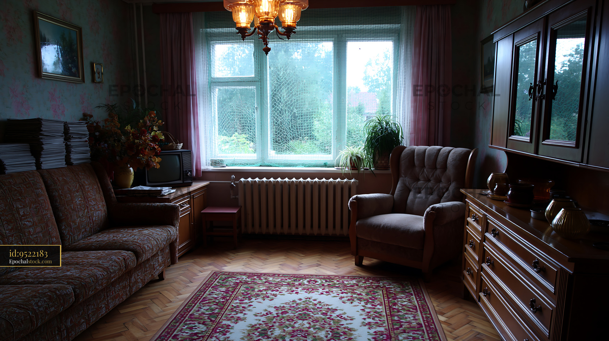 Watermarked full-resolution preview of Cozy living room with a view of the garden on a cloudy day
